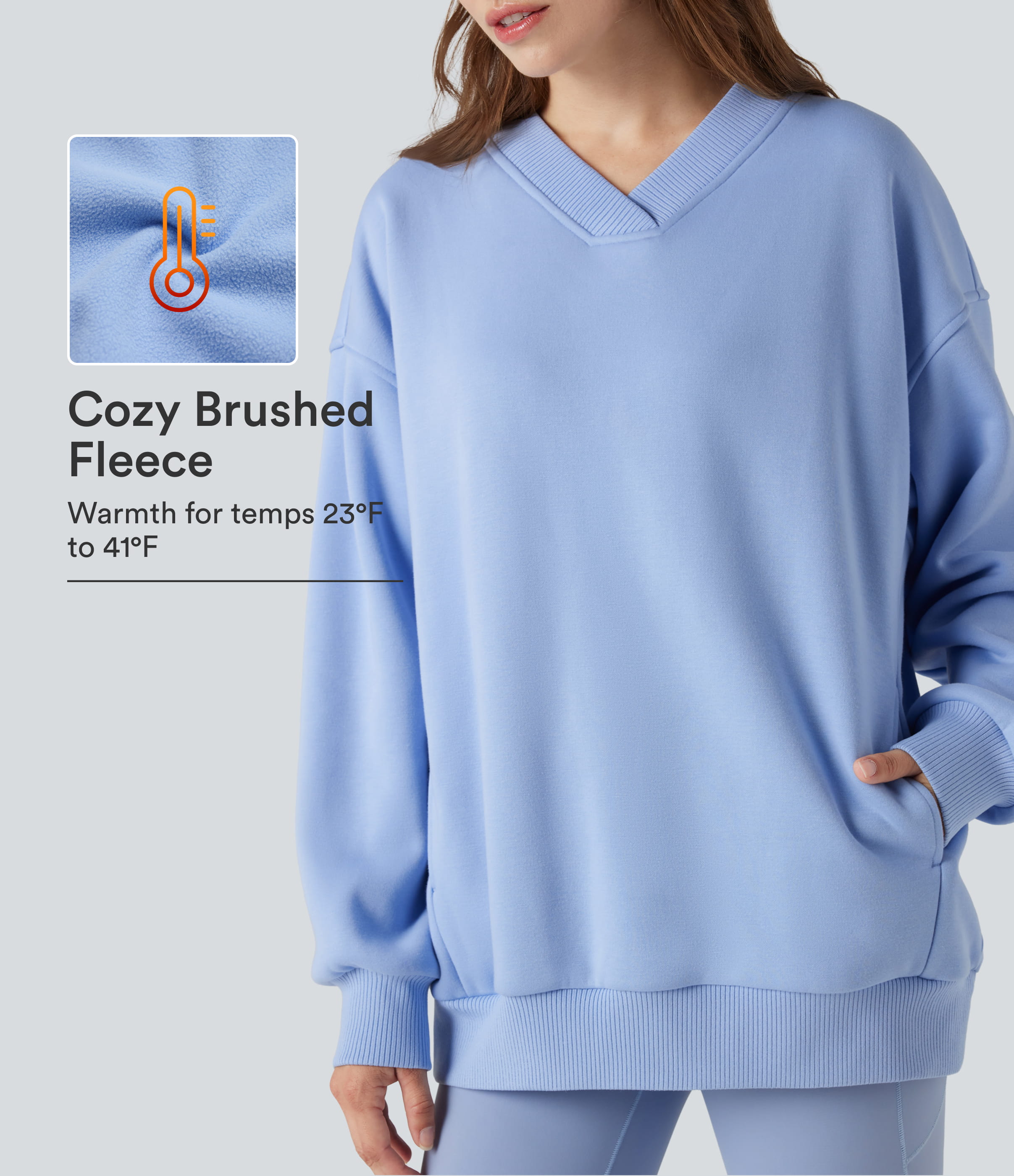 V Neck Long Sleeve Fleece Casual Cotton Sweatshirt with Pockets