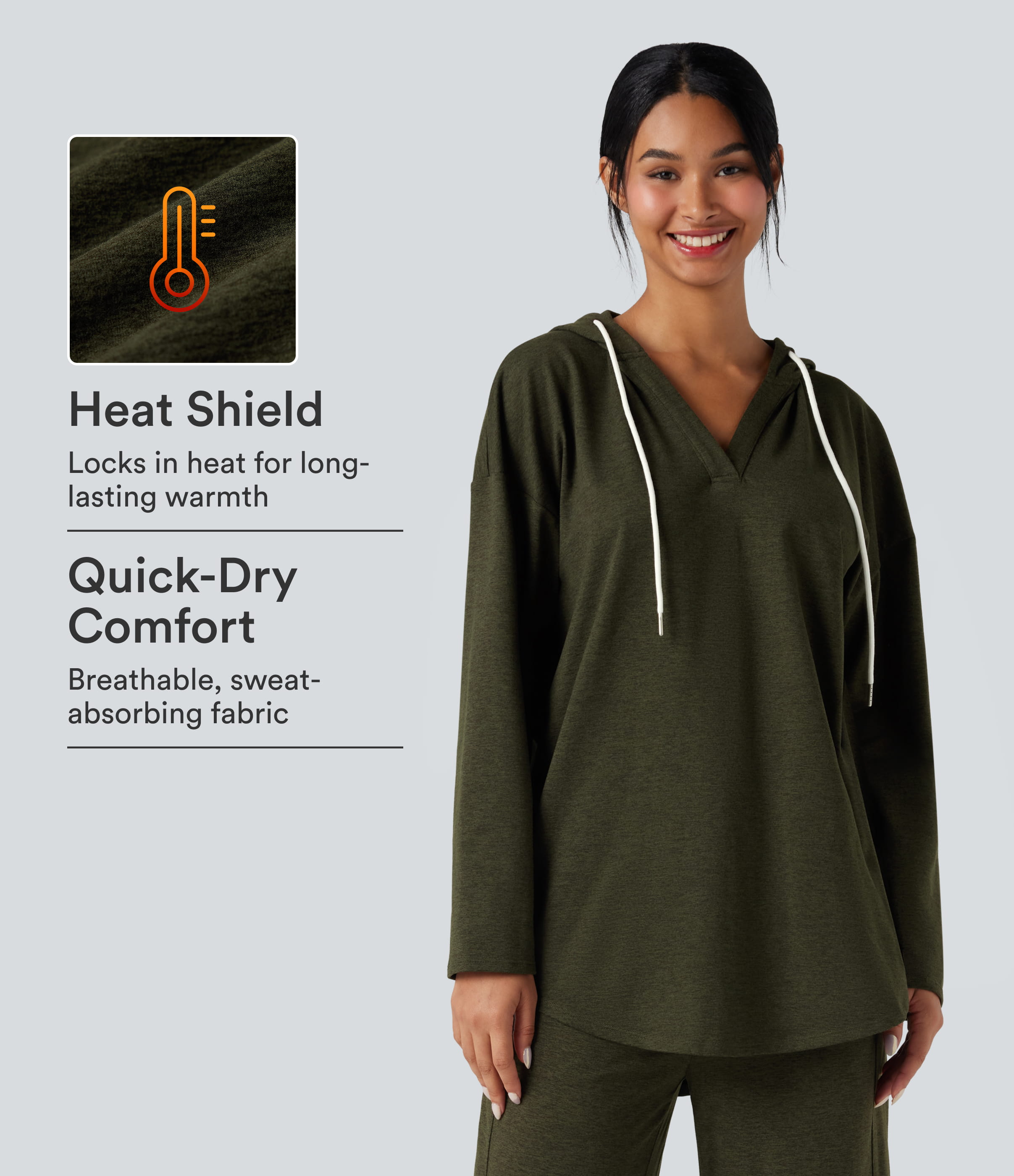 Hooded Curved Hem Oversized Quick Dry Casual Heathered Sweatshirt-UPF40+