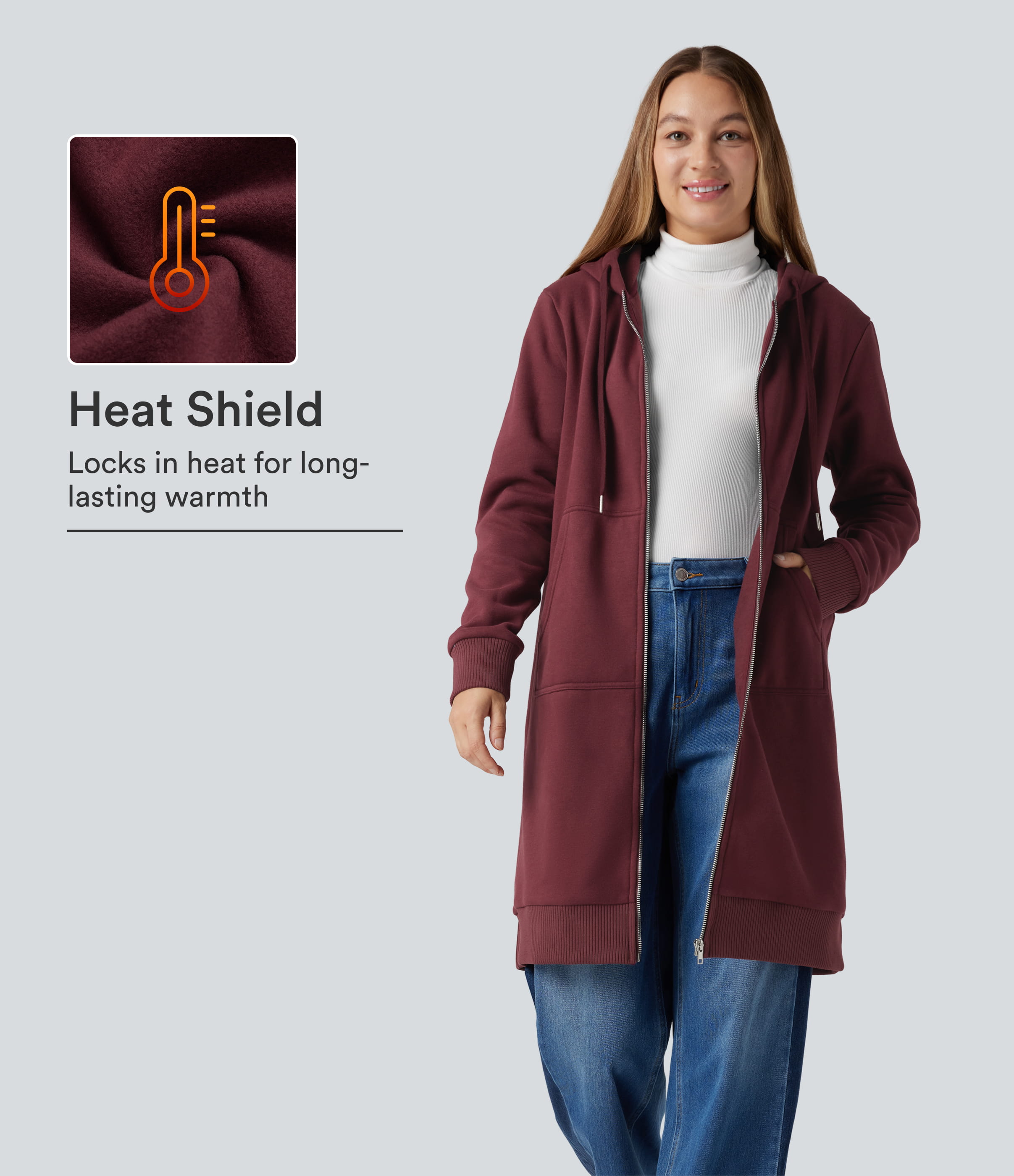 Hooded Zip Fly Fleece Casual Longline Sweatshirt with Pockets