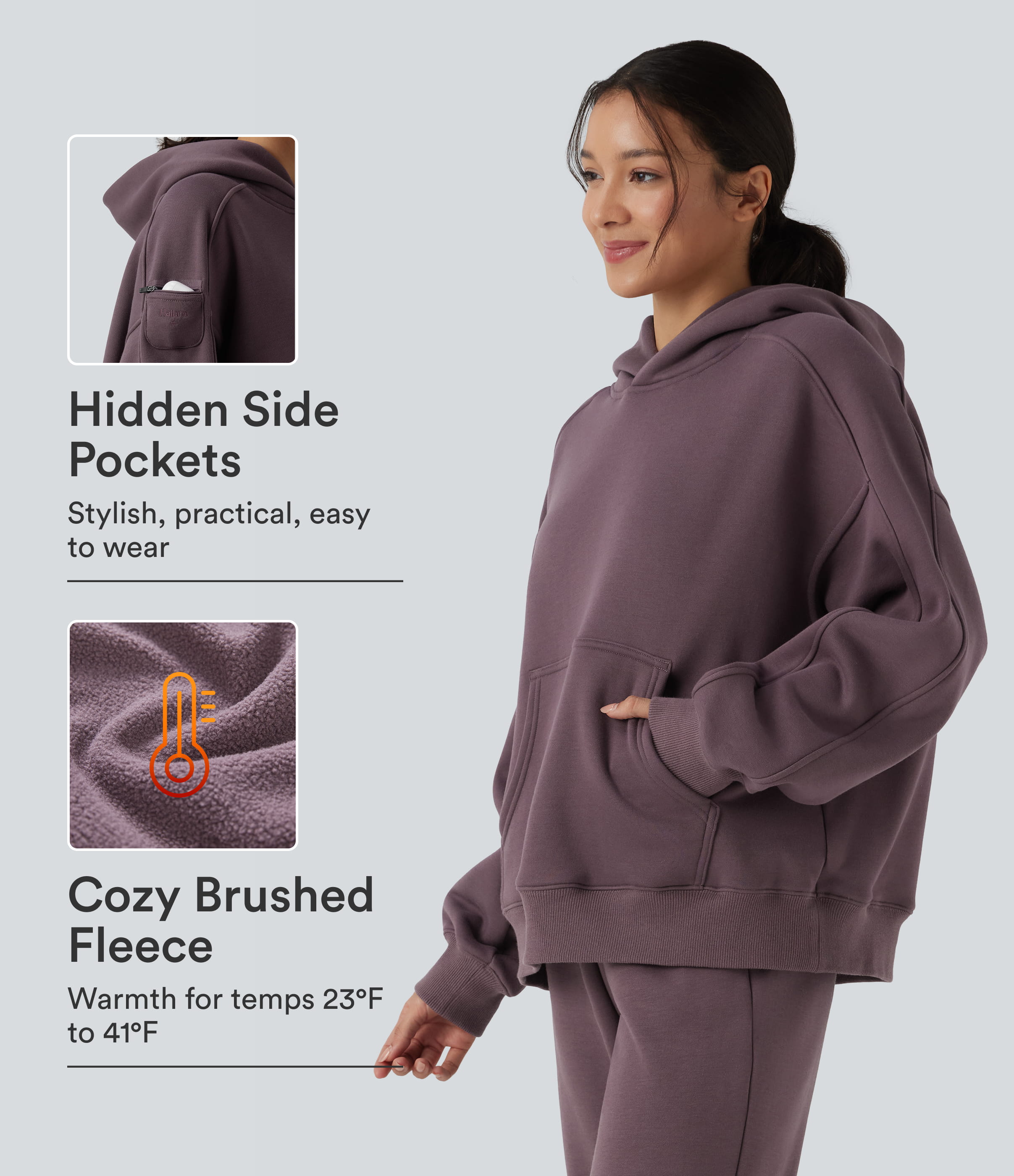 Oversize-Fleece-Sweatshirt mit Kapuze, langen Ärmeln und Taschen – lässig/sportlich