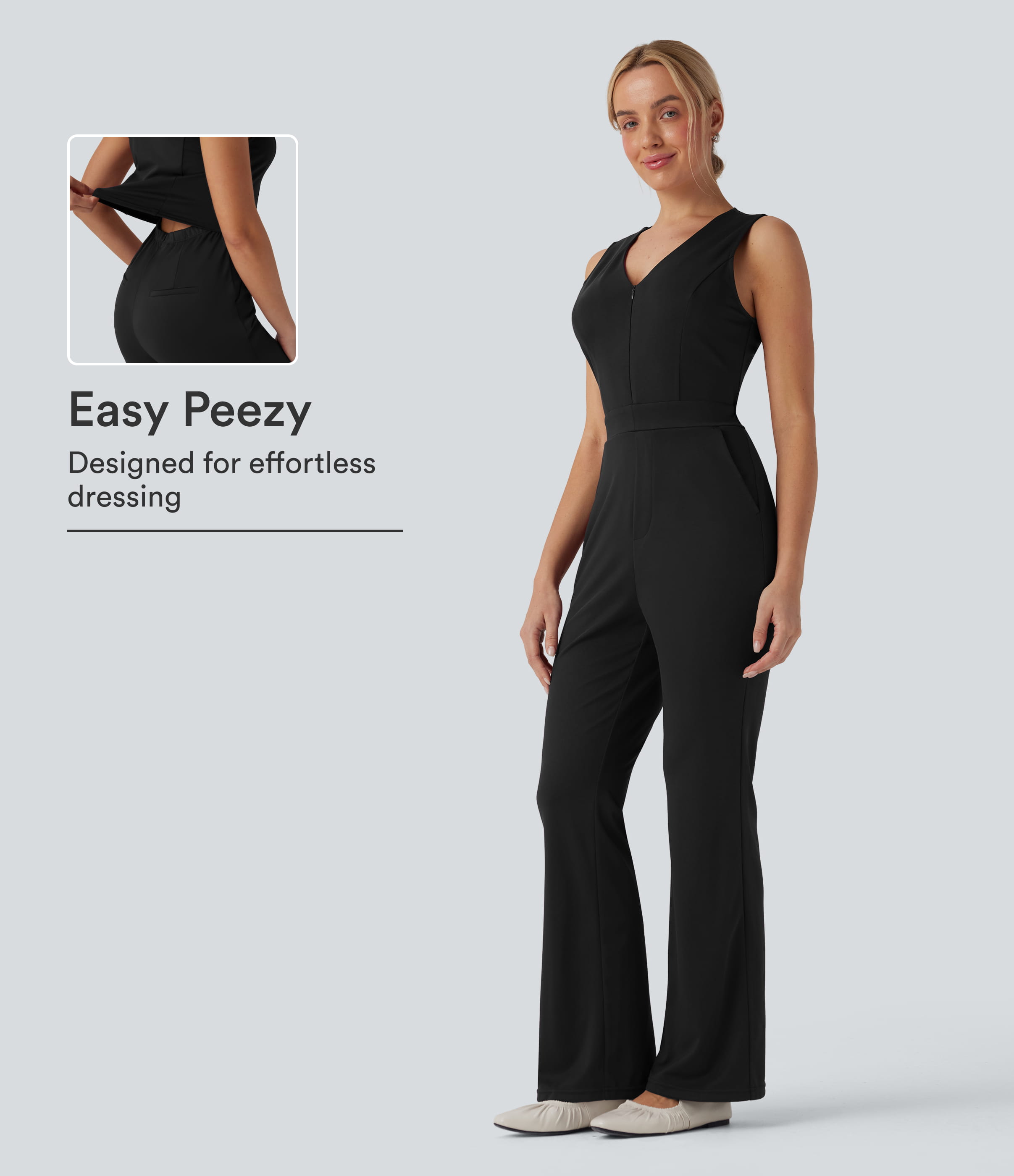 Schwarz V-Ausschnitt Ärmelloses Lässiges Bootcut Jumpsuit mit Taschen-Easy Peezy Edition / 1