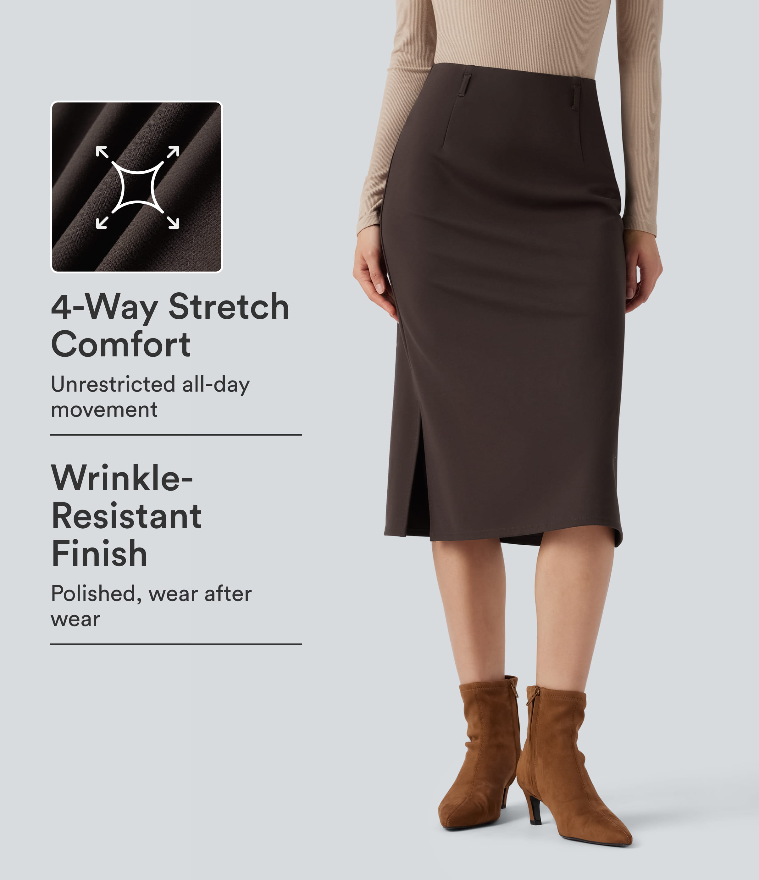 Wear-Resistant High Waisted Split Midi Ponte Roma Work Skirt