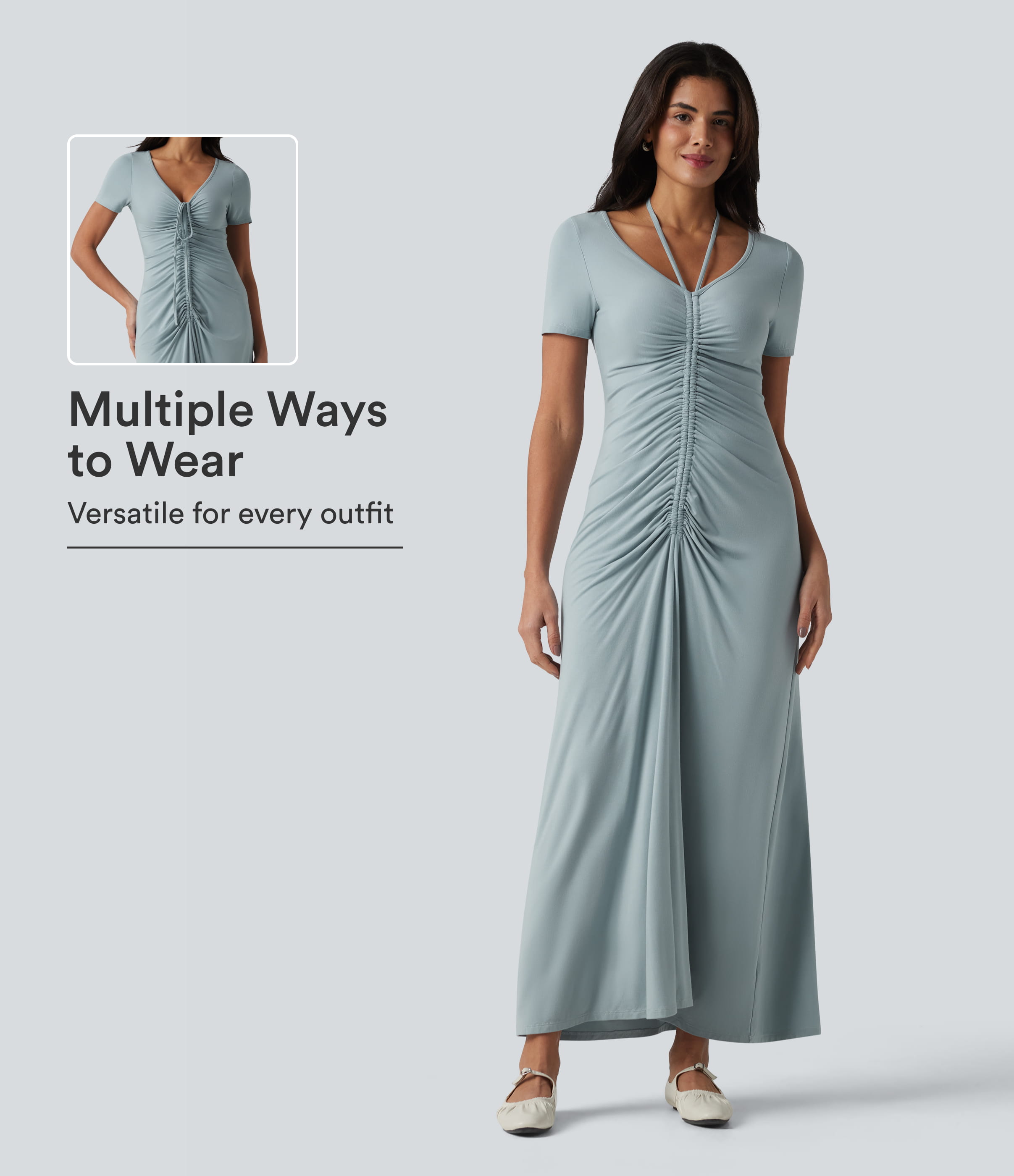 Slate V-neck Short Sleeve Drawstring Ruched Maxi Casual Dress / 1