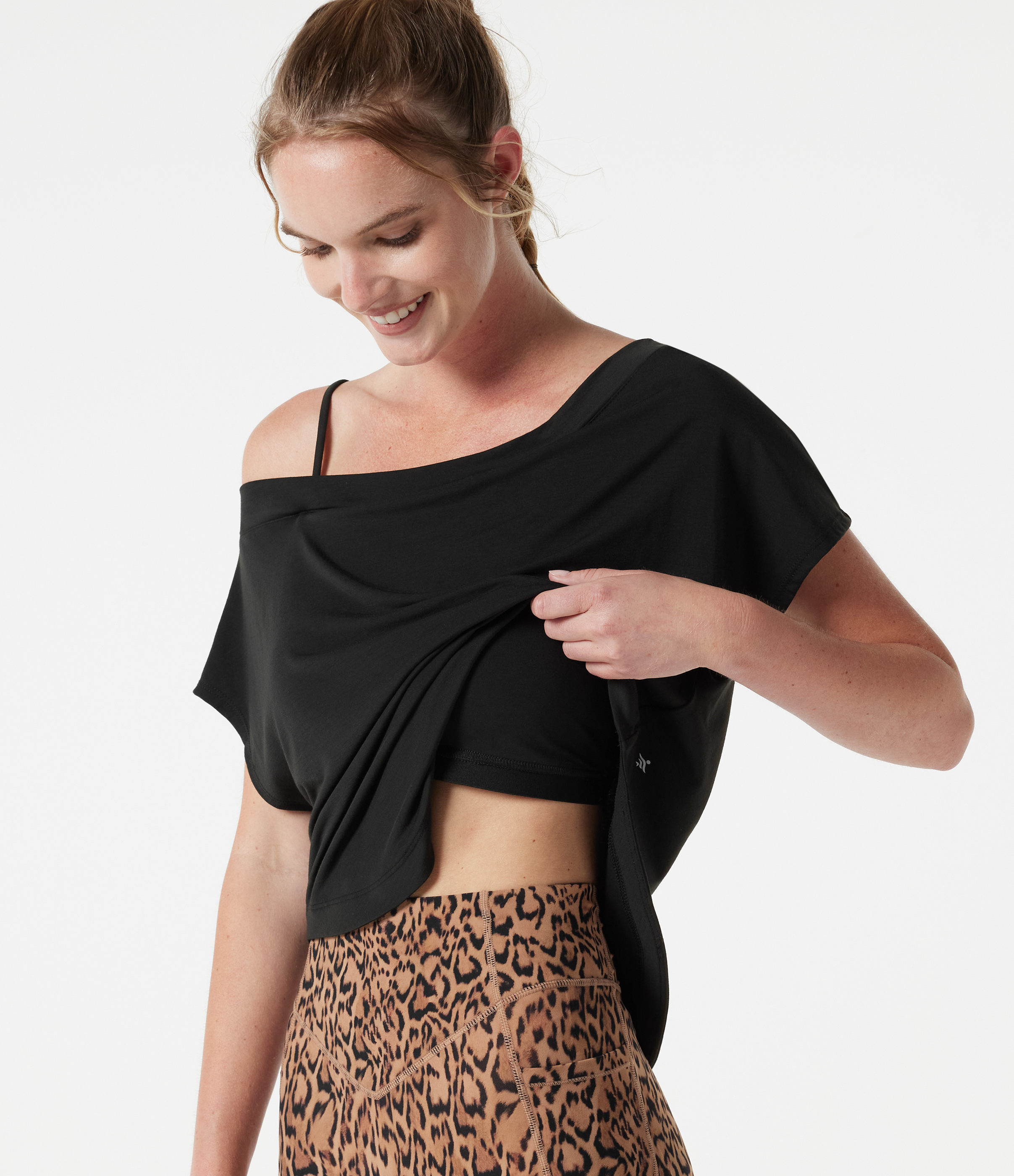 Yoga-Sport-Top mit kurzen Ärmeln, integriertem BH, asymmetrischem Saum und One-Shoulder-Design - schnelltrocknend