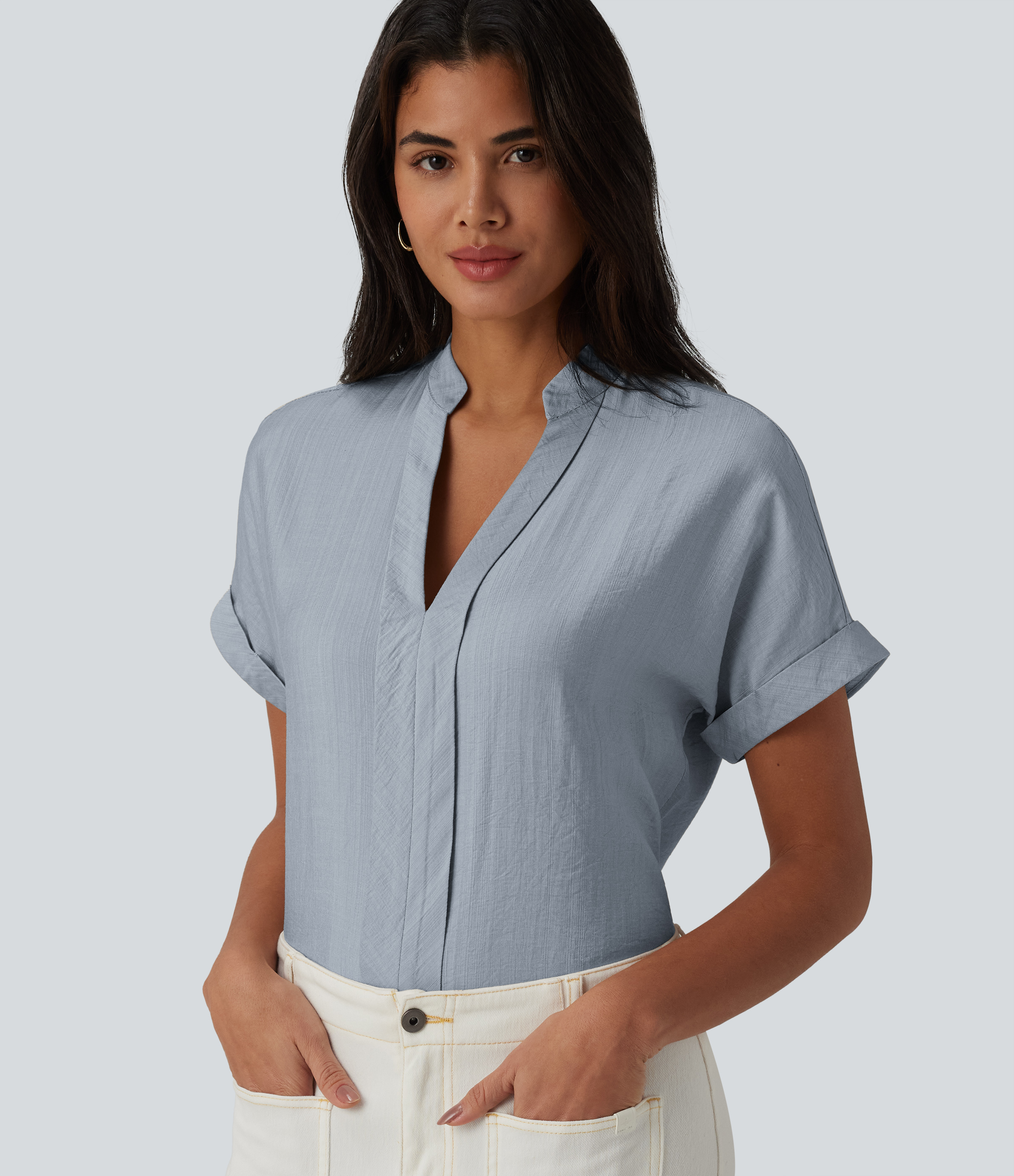 V Neck Short Sleeve Linen-Feel Work Shirt