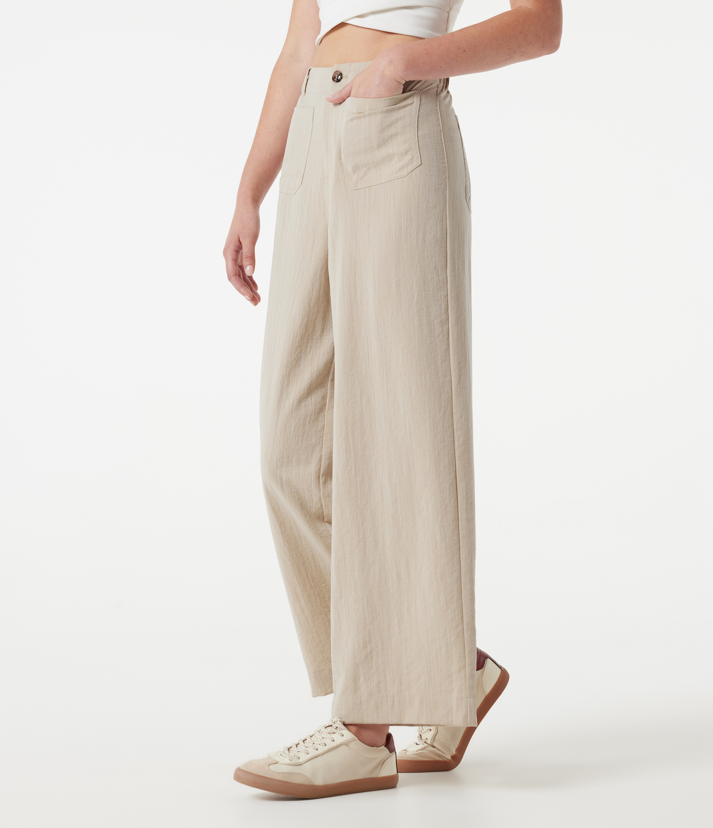 High Waisted Wide Leg Casual Linen-Feel Pants with Pockets