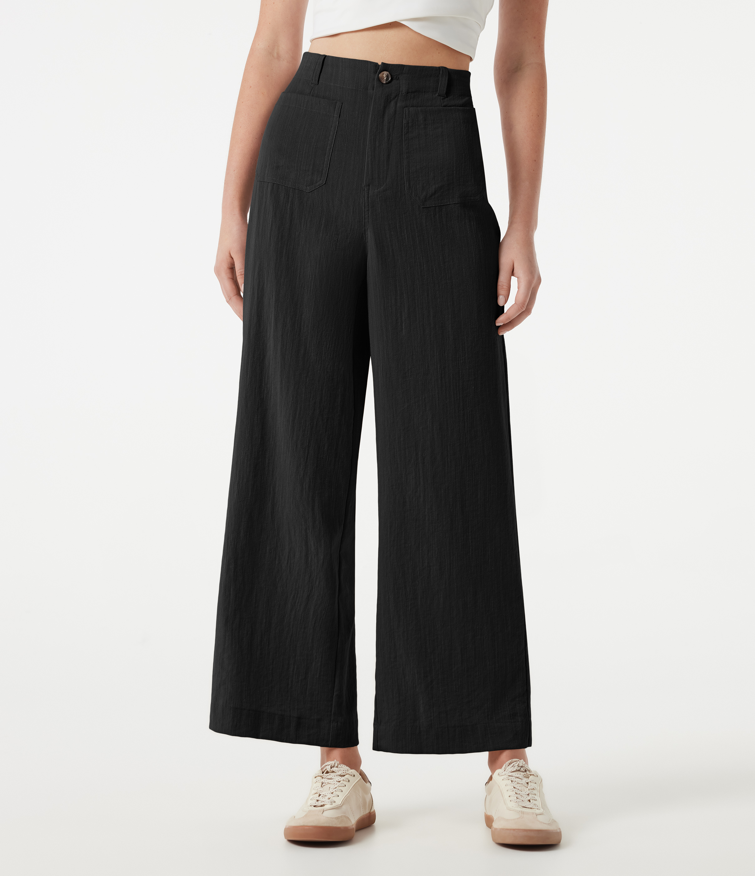 Pantalon large casual taille haute toucher lin avec poches