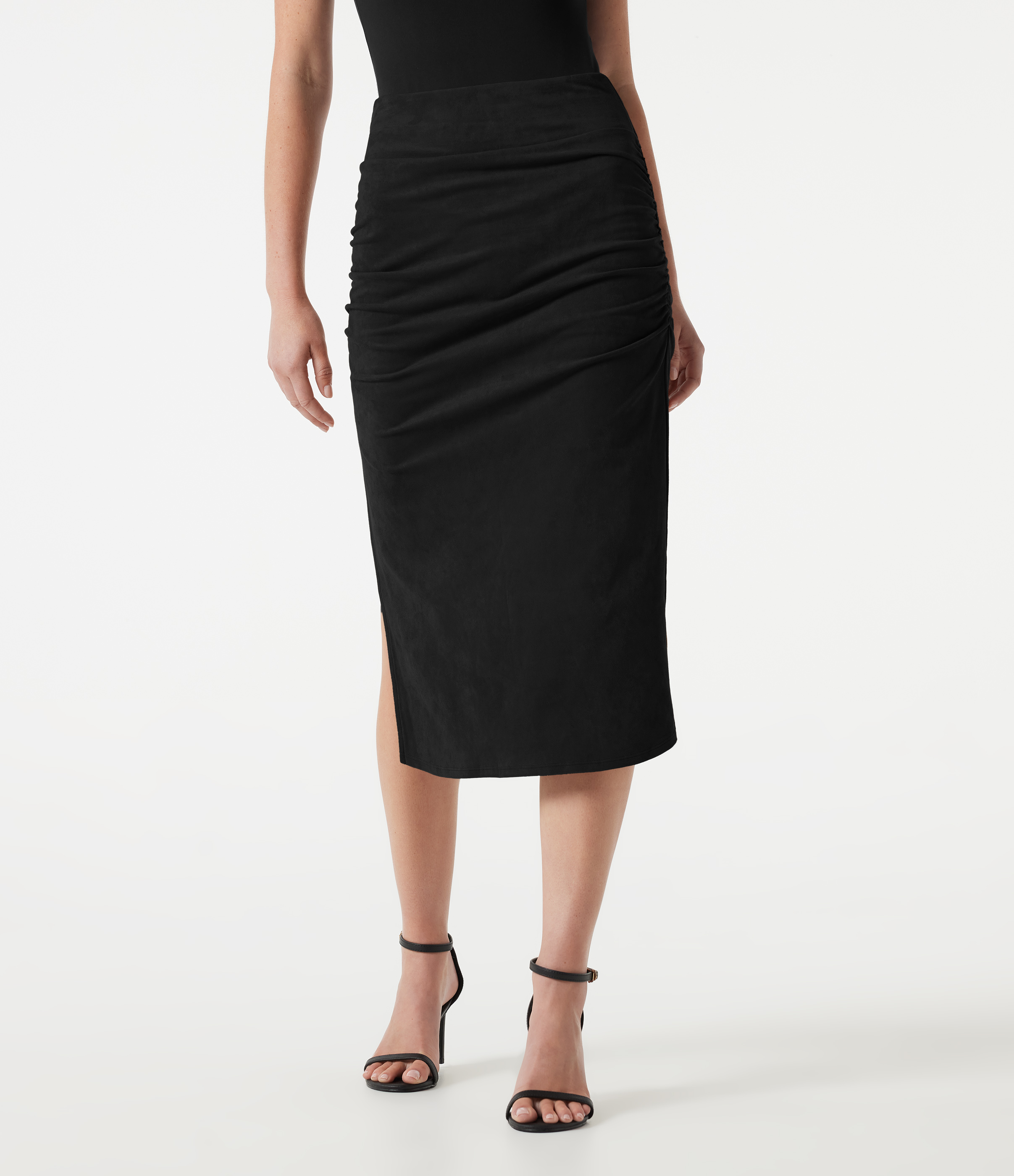High Waisted Tummy Control Ruched Bodycon 2-in-1 Suede Midi Skirt