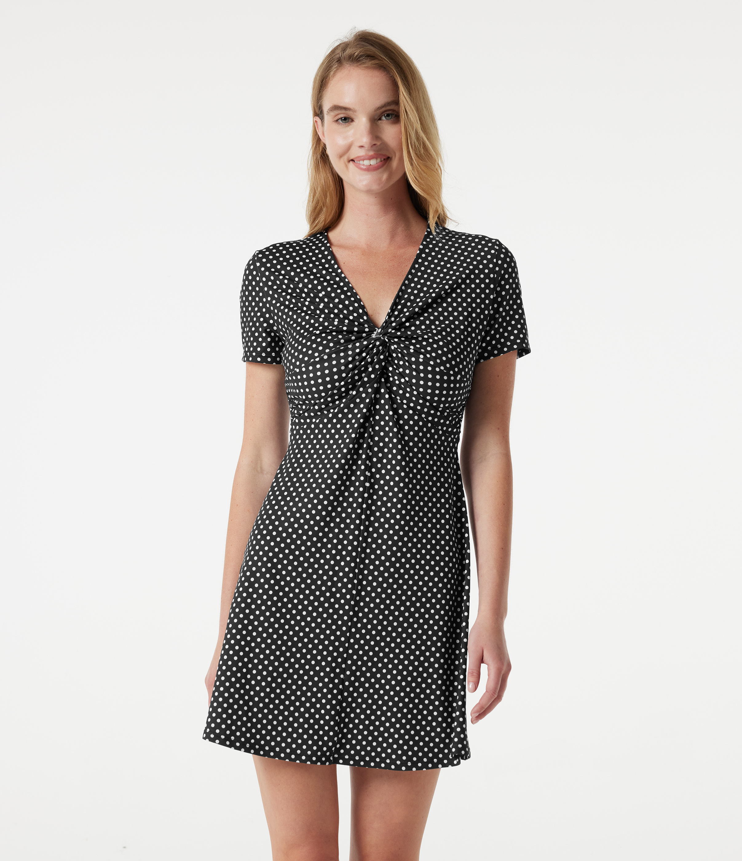 V Neck Short Sleeve Polka Dot Mini Casual Dress