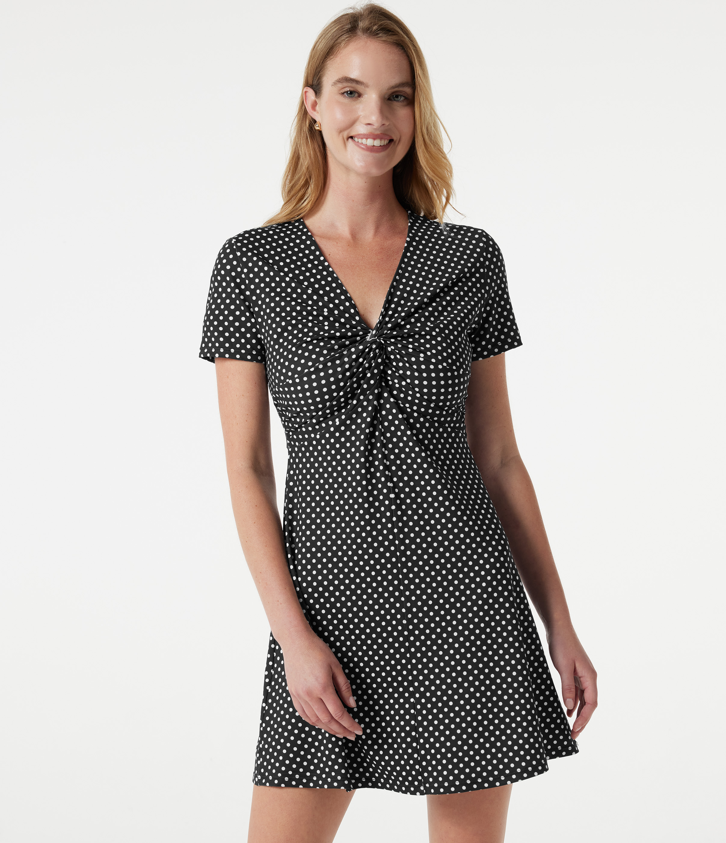 Vestido mini casual de manga corta con escote en V y estampado de lunares