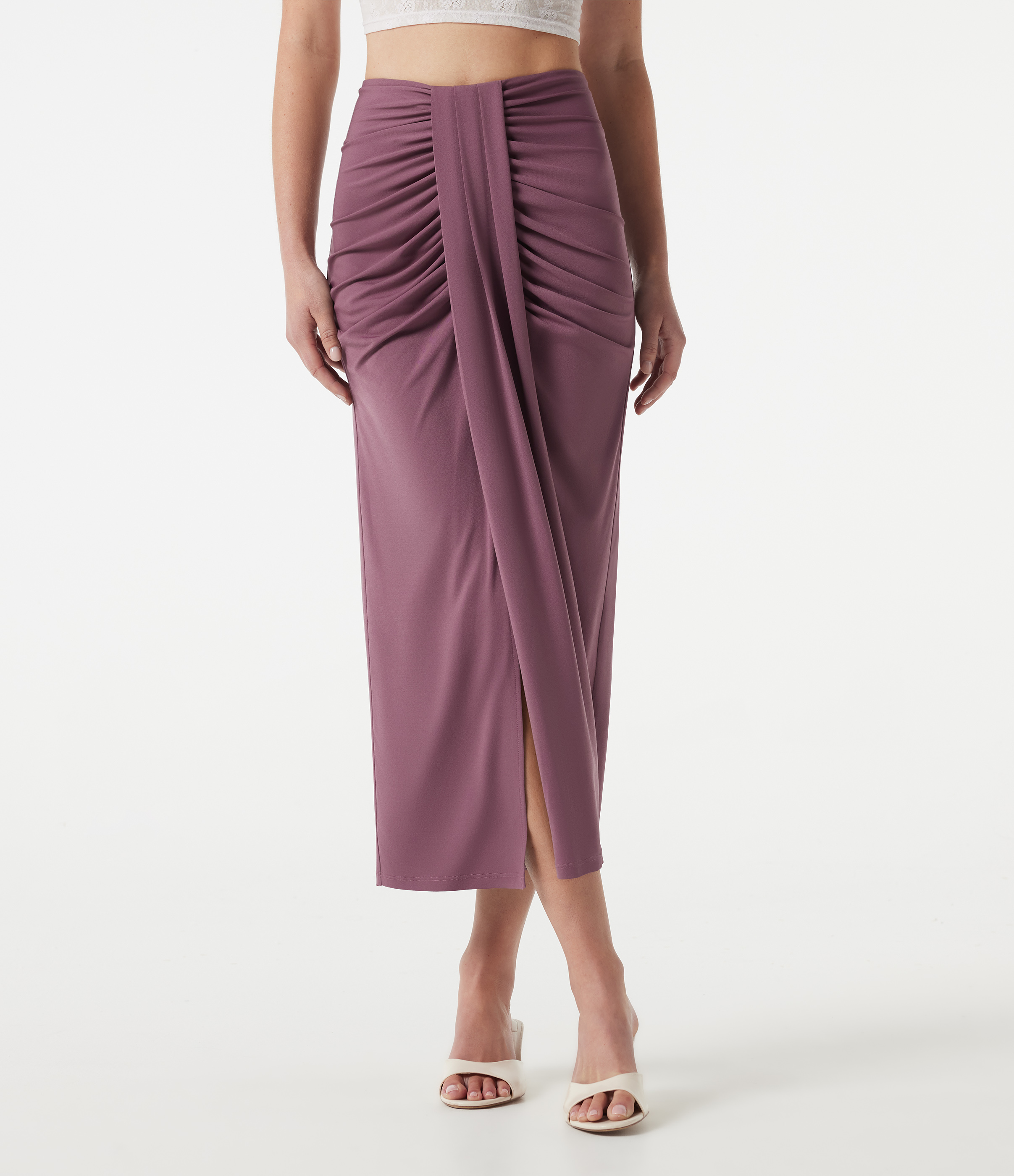 High Waisted Ruched Bodycon Midi Casual Skirt