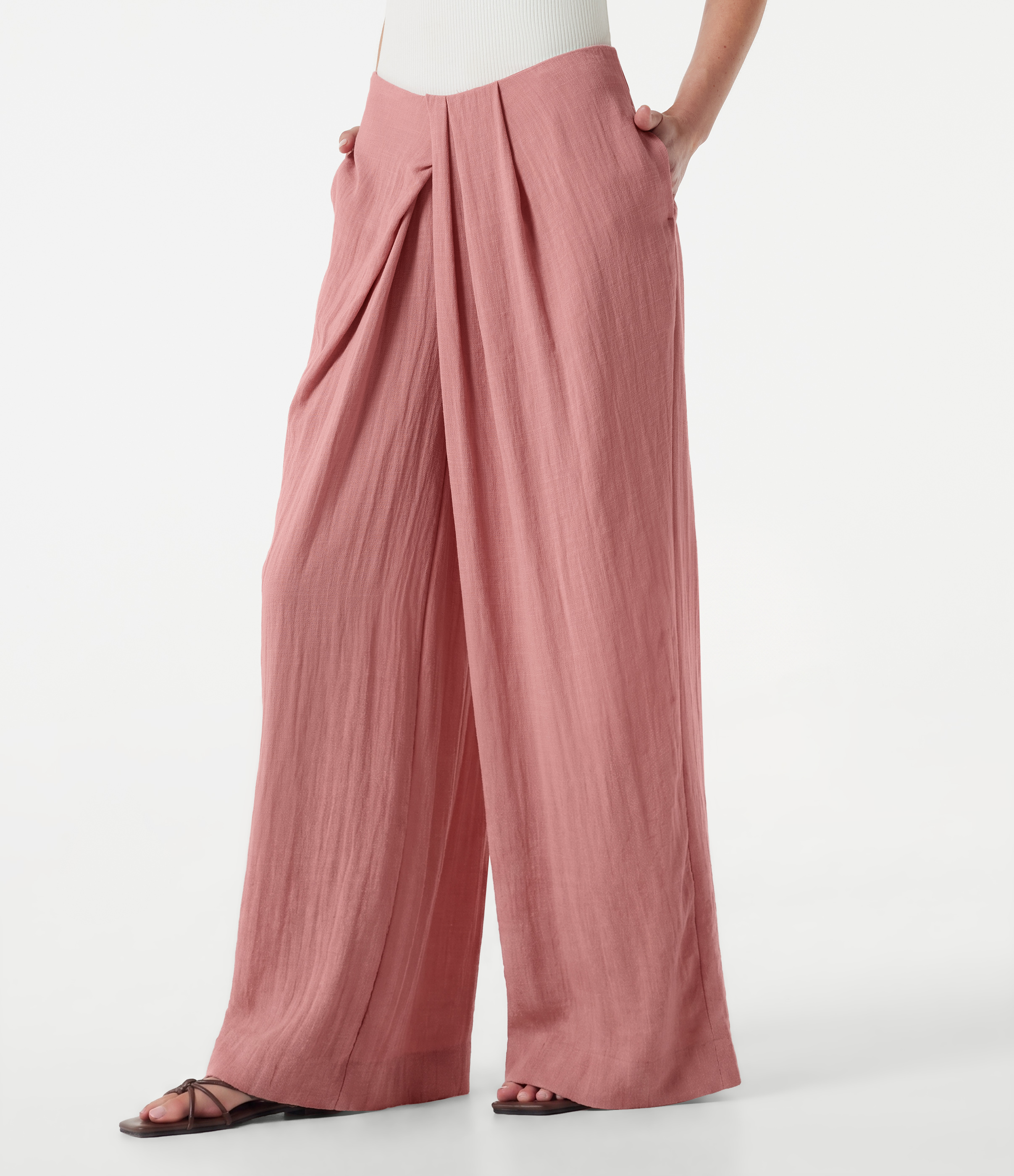 Mid Rise Baggy Casual Linen-Feel Pants with Pockets