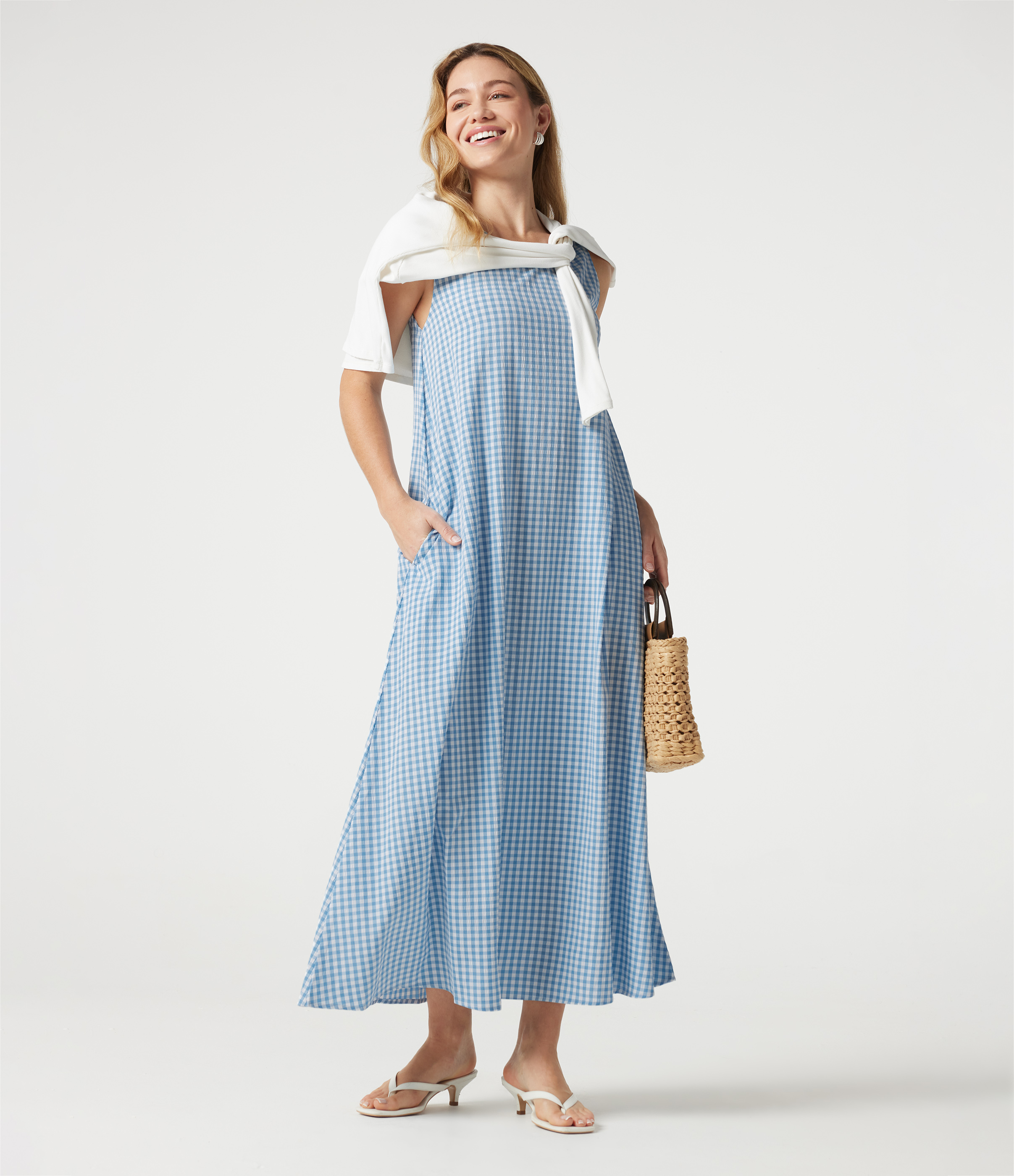Robe débardeur midi décontractée col rond sans manches en vichy froissé avec poches