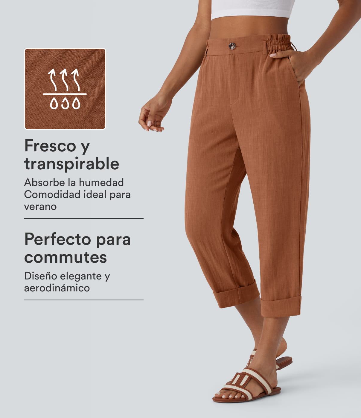 High Waisted Zipper Pocket Cropped Linen-Feel Pants