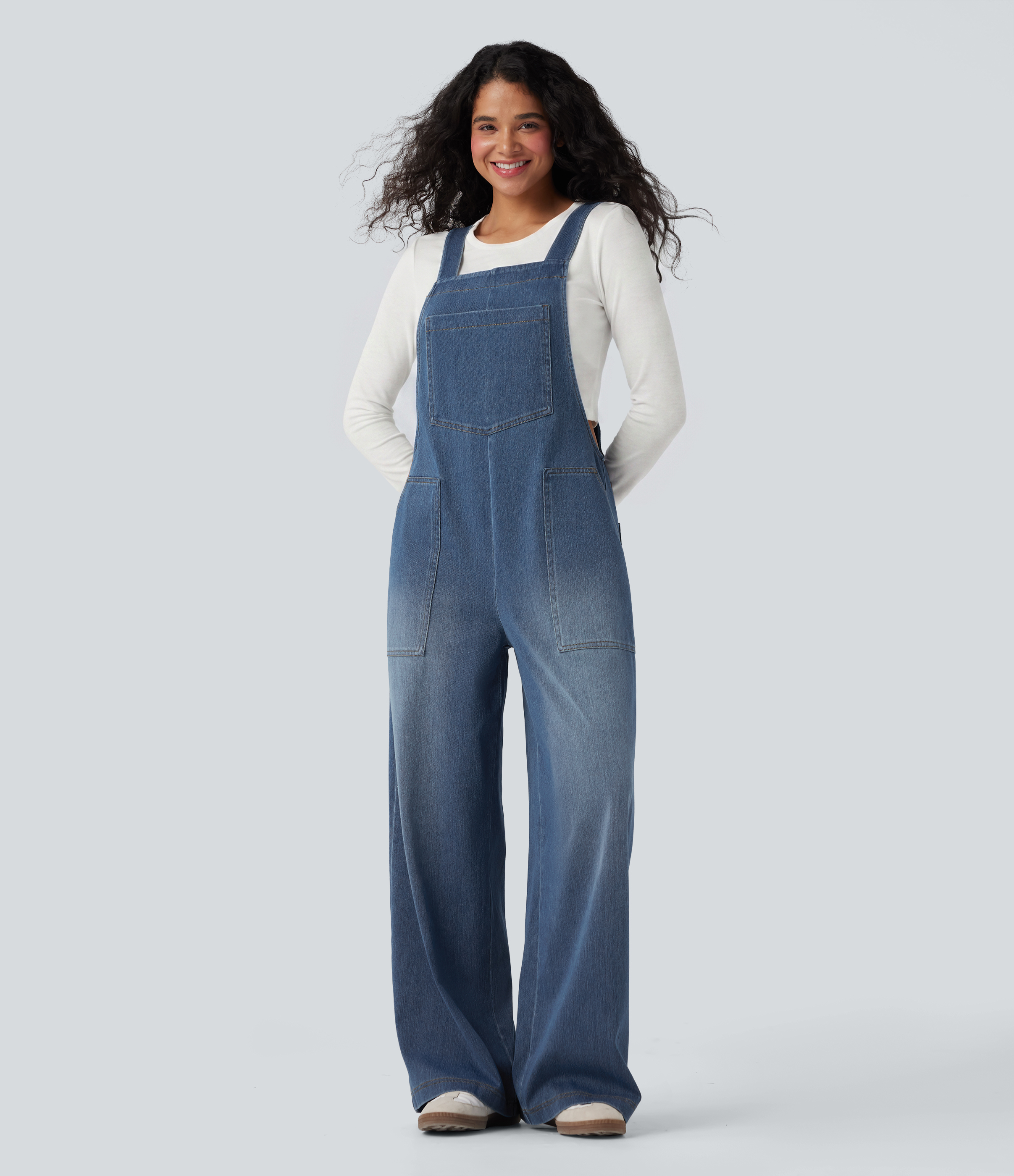 Halara Flex™ Square Neck Washed Denim Casual Overalls with Pockets