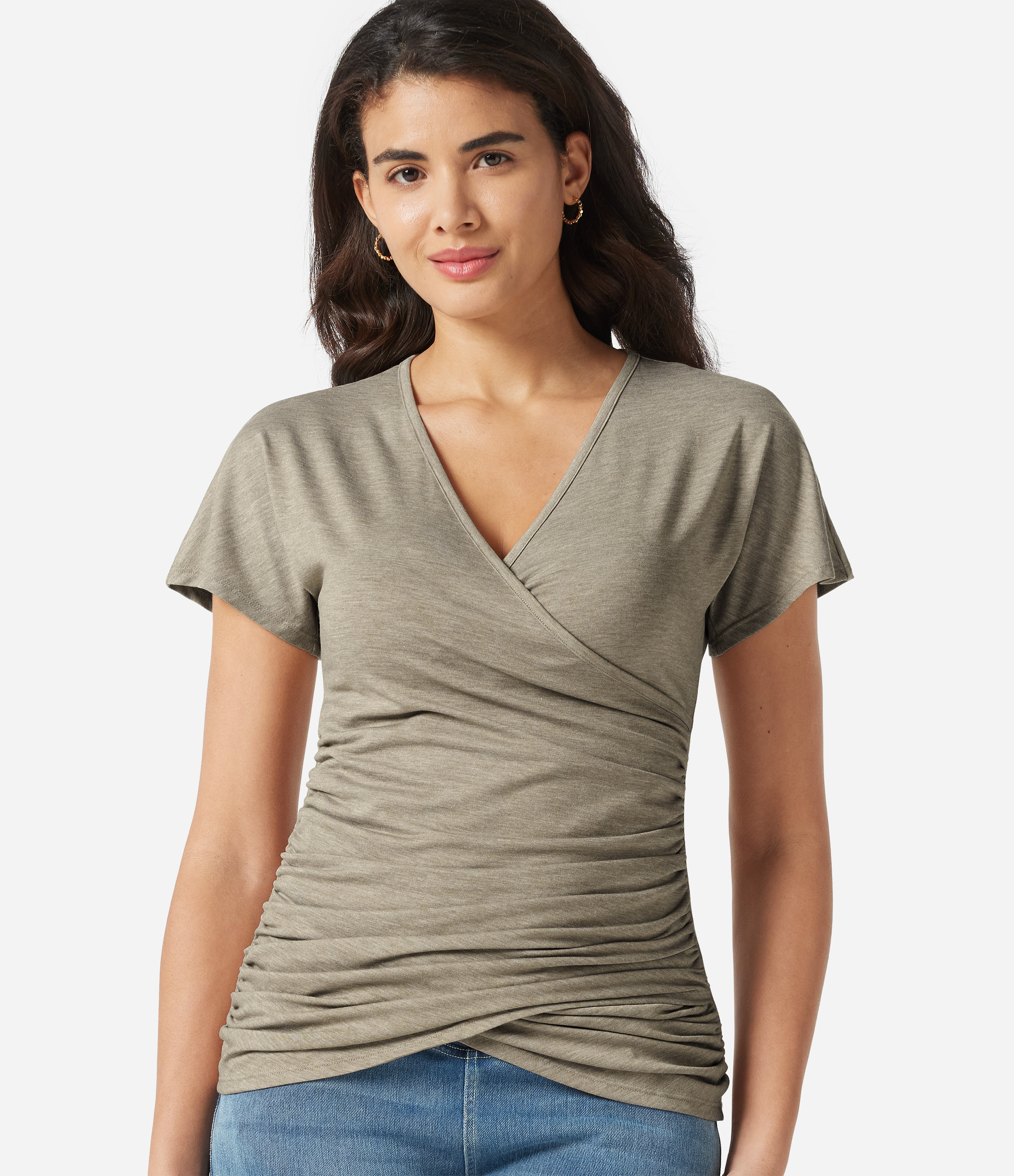 V Neck Short Sleeve Ruched Casual Top