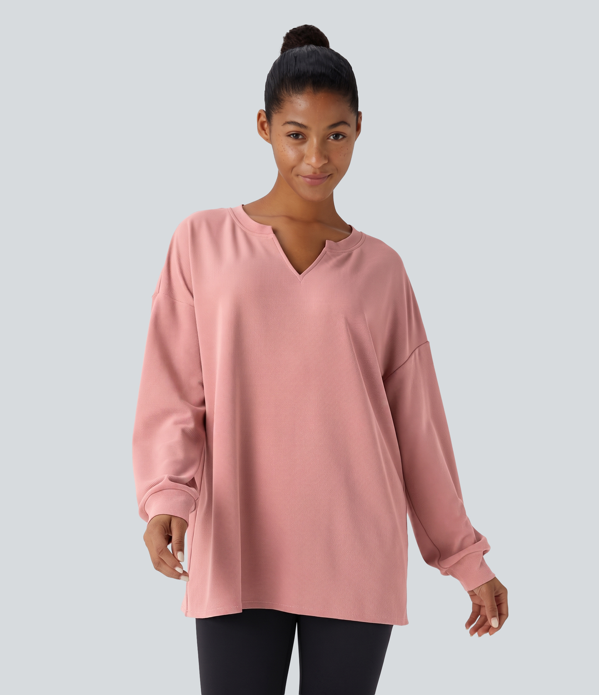 V Neck Dropped Shoulder Relaxed Waffle Casual Sweatshirt