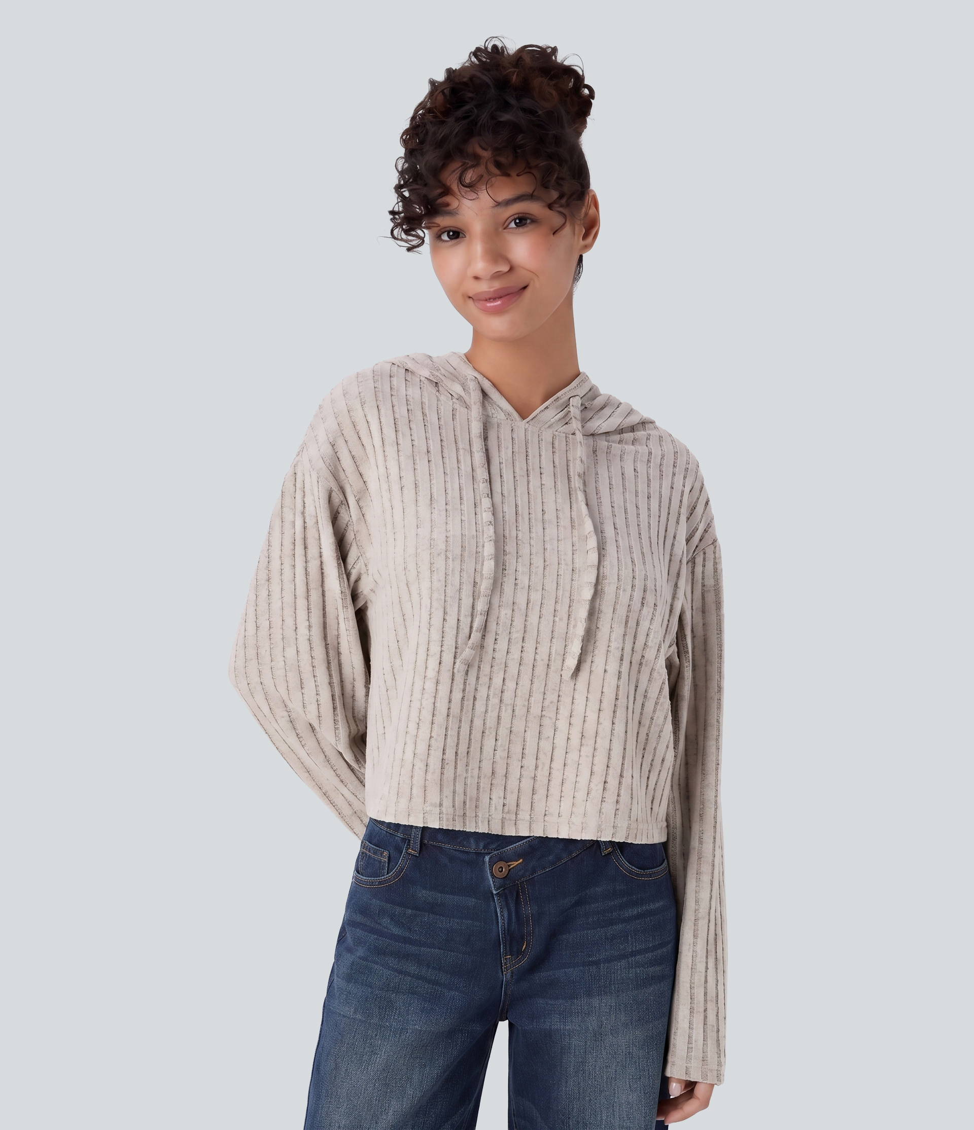 Ribbed Knit Hooded Drawstring Relax Casual Sweatshirt