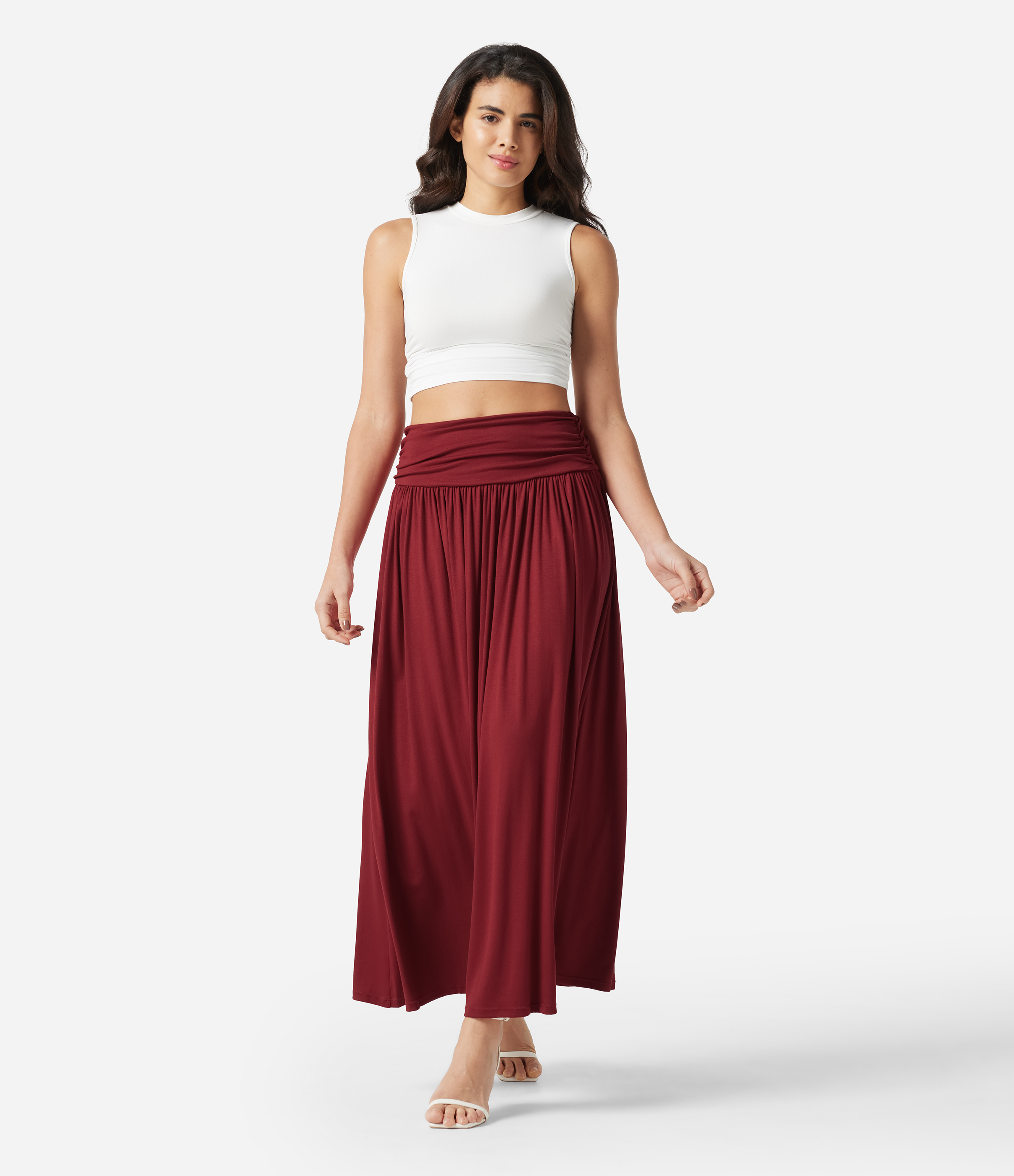 High Waisted Ruched Flowy Maxi Casual Skirt