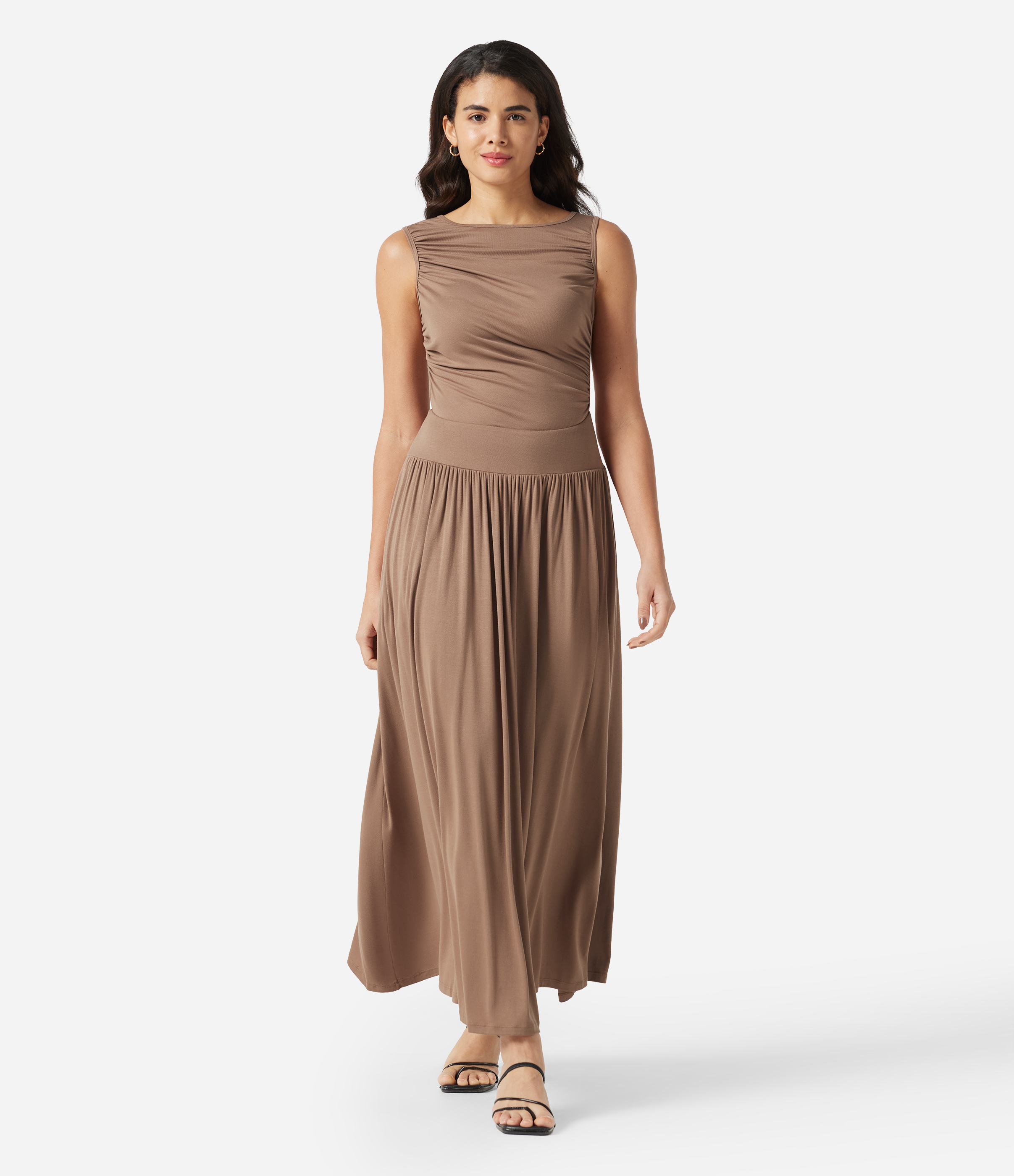 Ribbed Boat Neck Asymmetric Strap Ruched Pocket Flowy Maxi Casual Dress