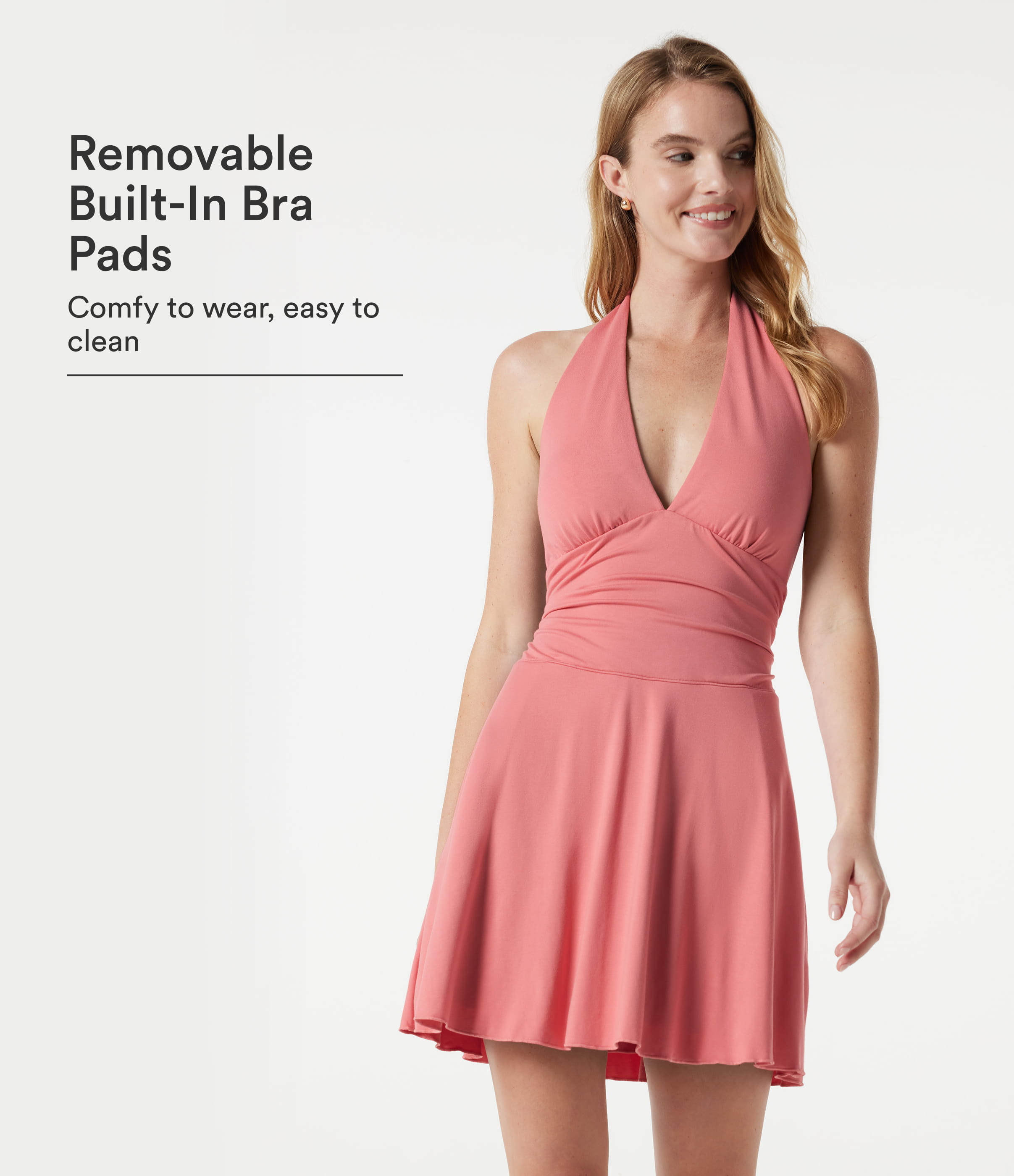 Deep V Neck Halter Built-in Bra Ruched Mini Casual Dress with Pockets