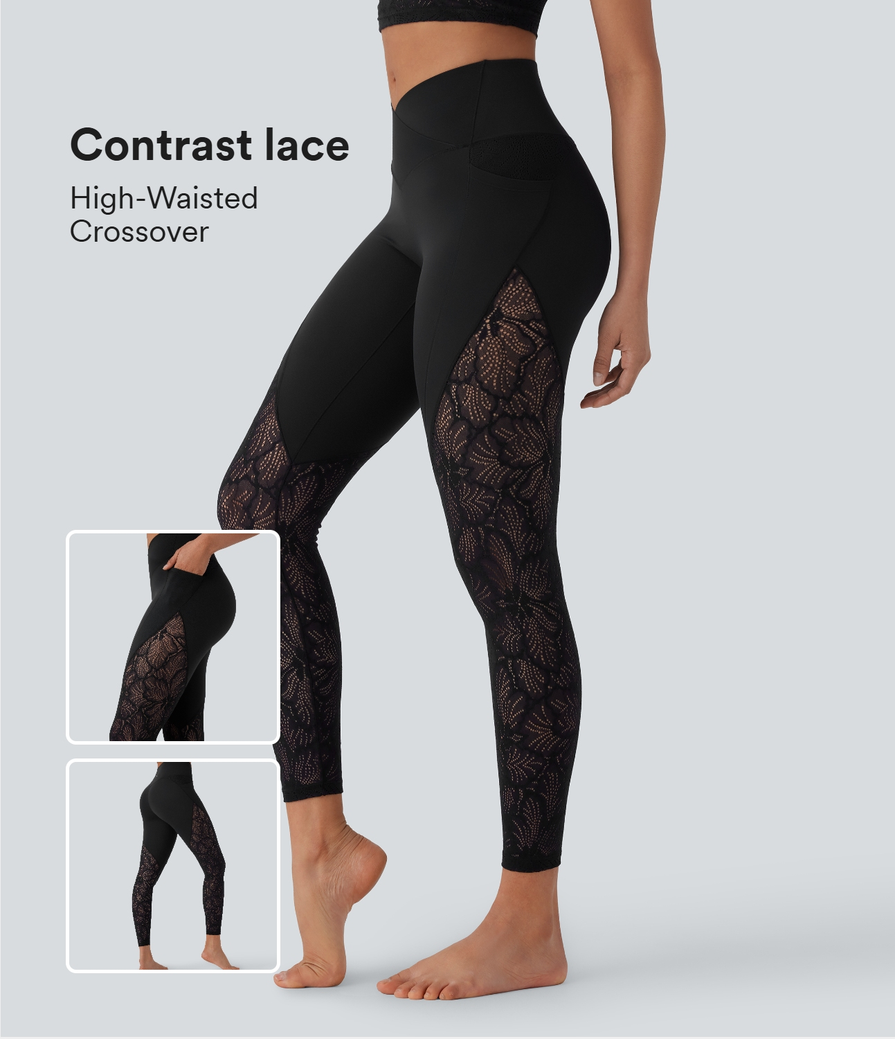 Softlyzero™ - 7/8-Crossover-Yoga-Leggings mit Kontrastspitze, hohem Bund und Seitentaschen