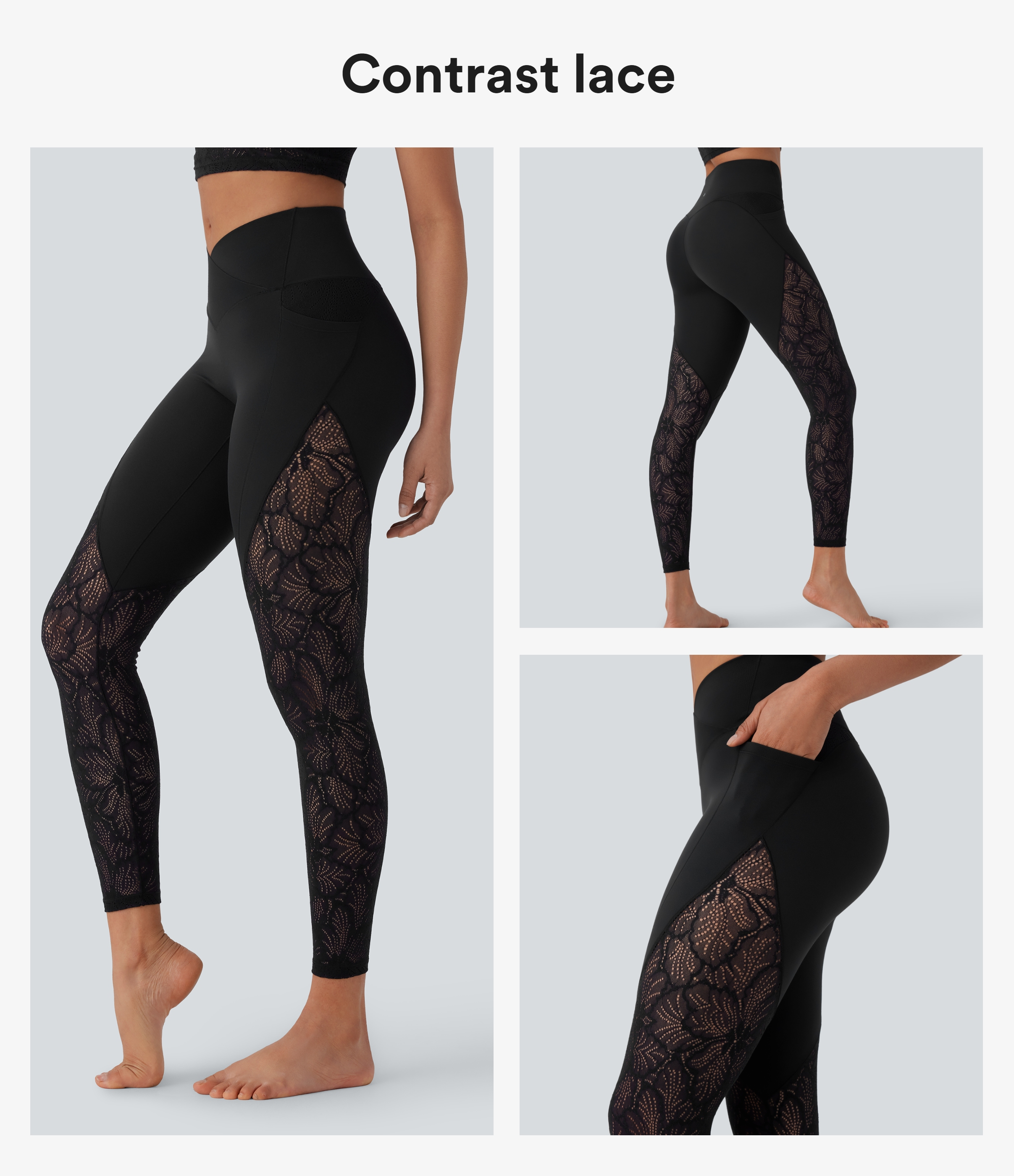 Softlyzero™ - 7/8-Crossover-Yoga-Leggings mit Kontrastspitze, hohem Bund und Seitentaschen