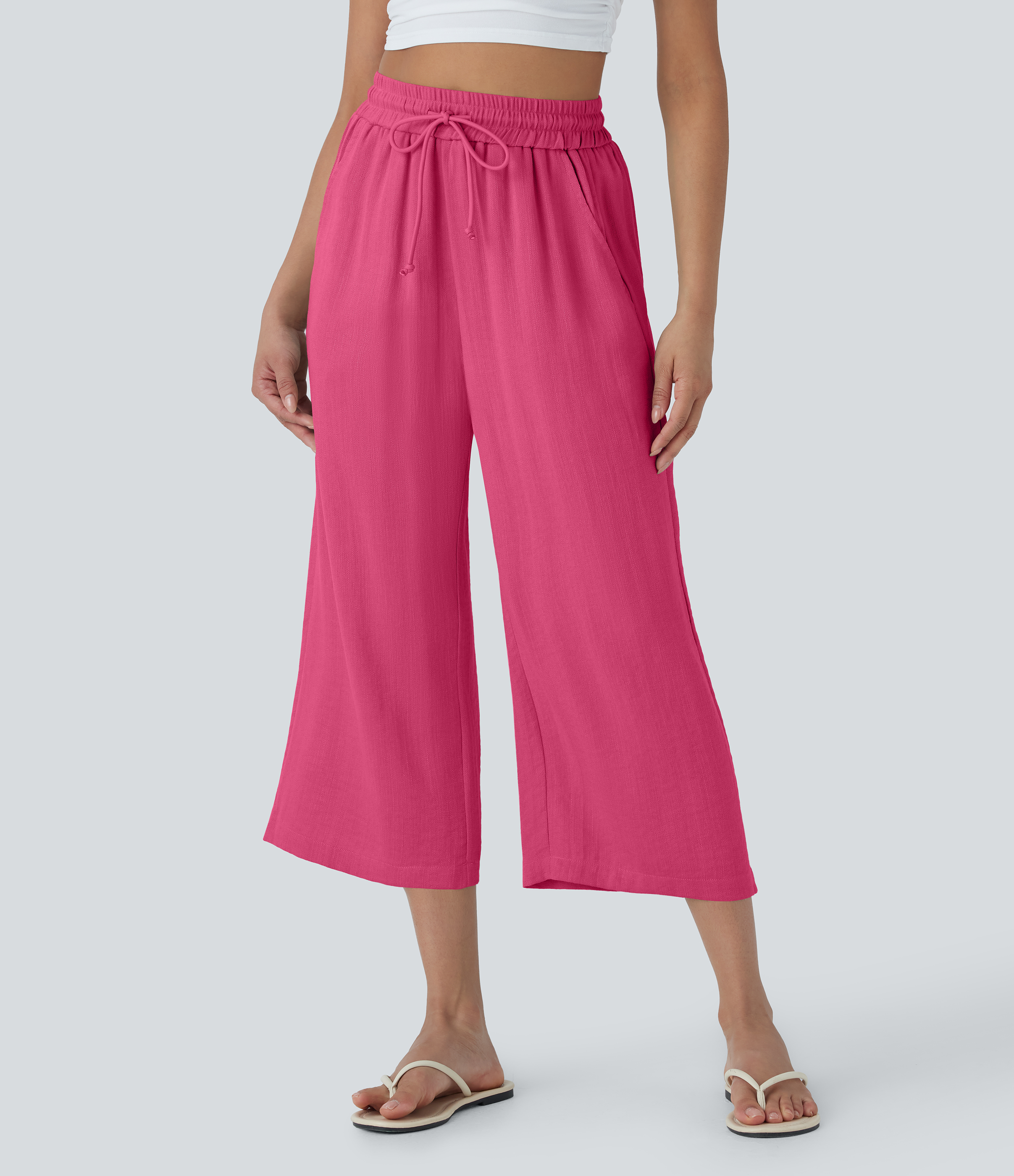 High Waisted Drawstring Wide Leg Cropped Casual Linen-Feel Trousers with Pockets
