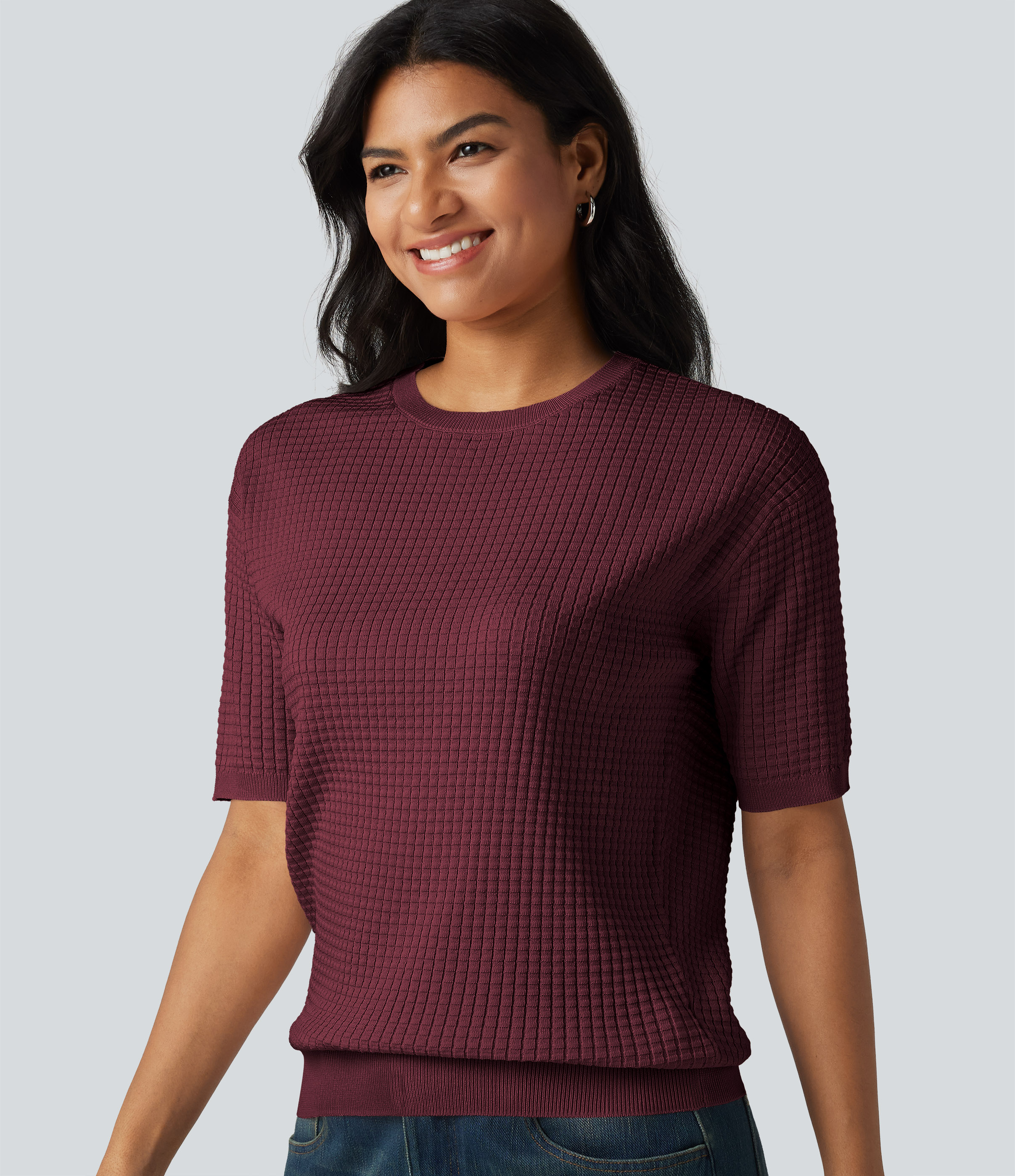 Round Neck Short Sleeve Waffle Casual Sweater