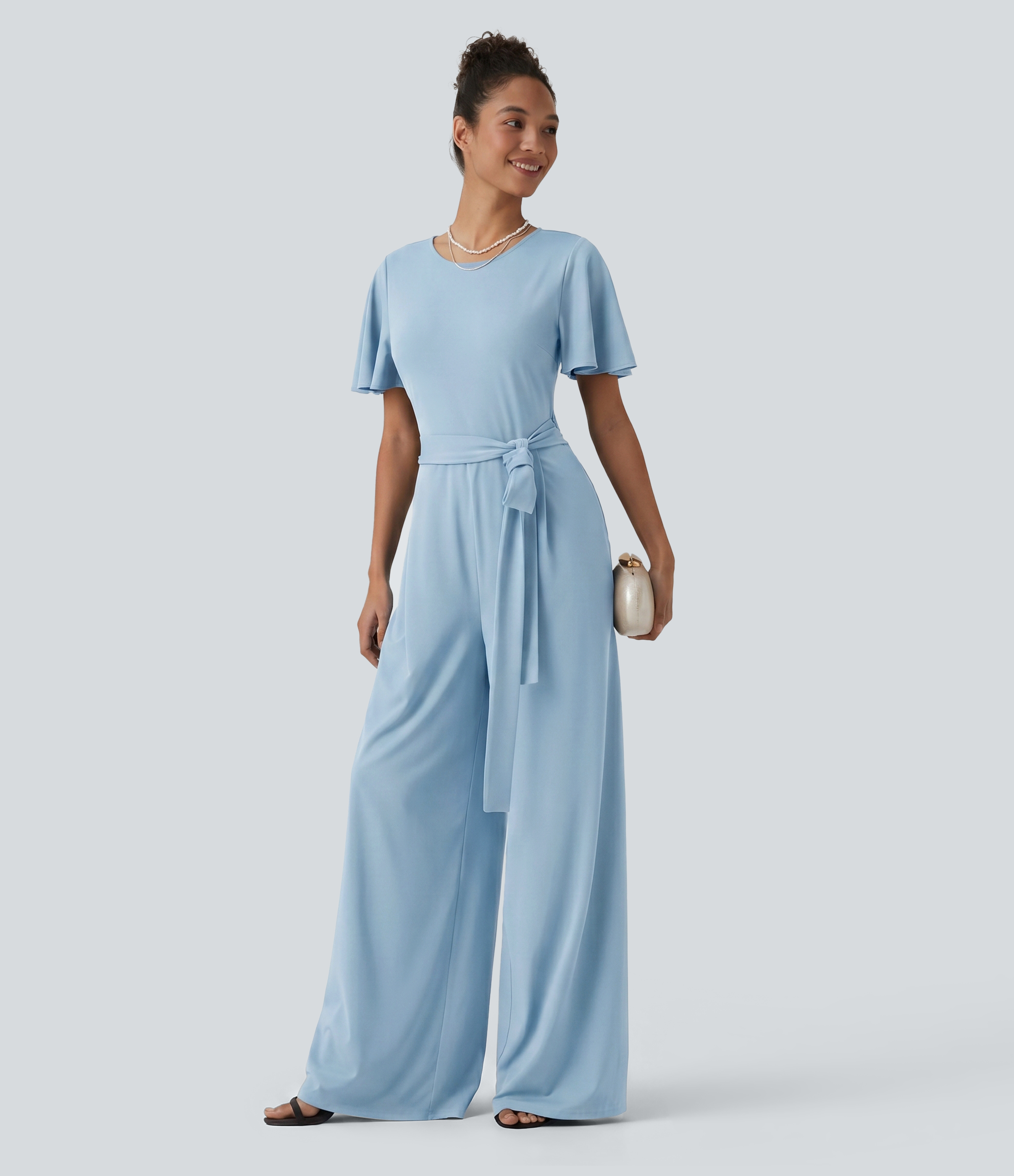 Round Neck Short Sleeve Tie Front Wide Leg Jumpsuit with Pockets-Easy Peezy Edition