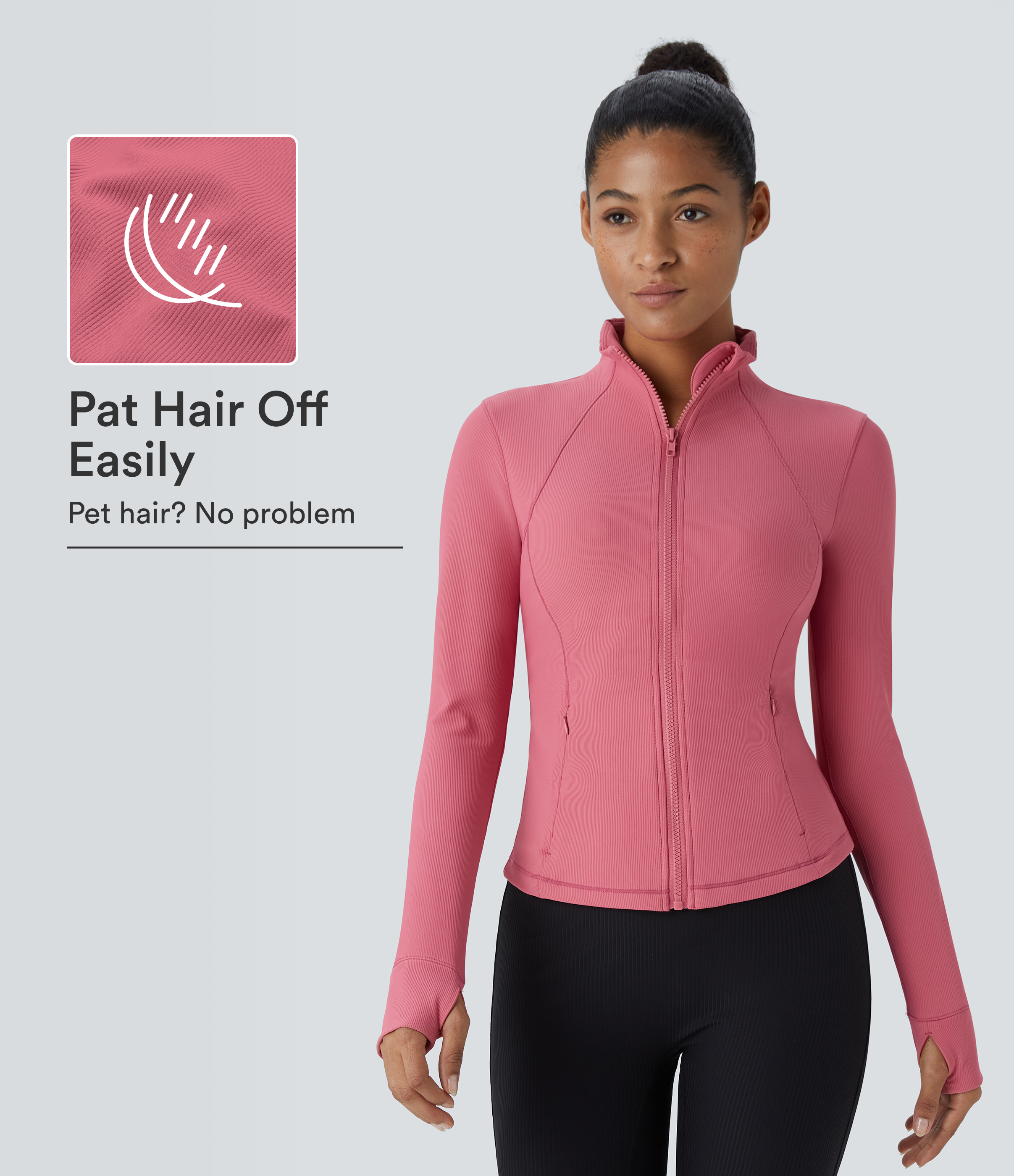 Patitoff™ Flow Pet Hair Resistant Stand Collar Zipper Pocket Thumb Hole Cropped Casual Jacket