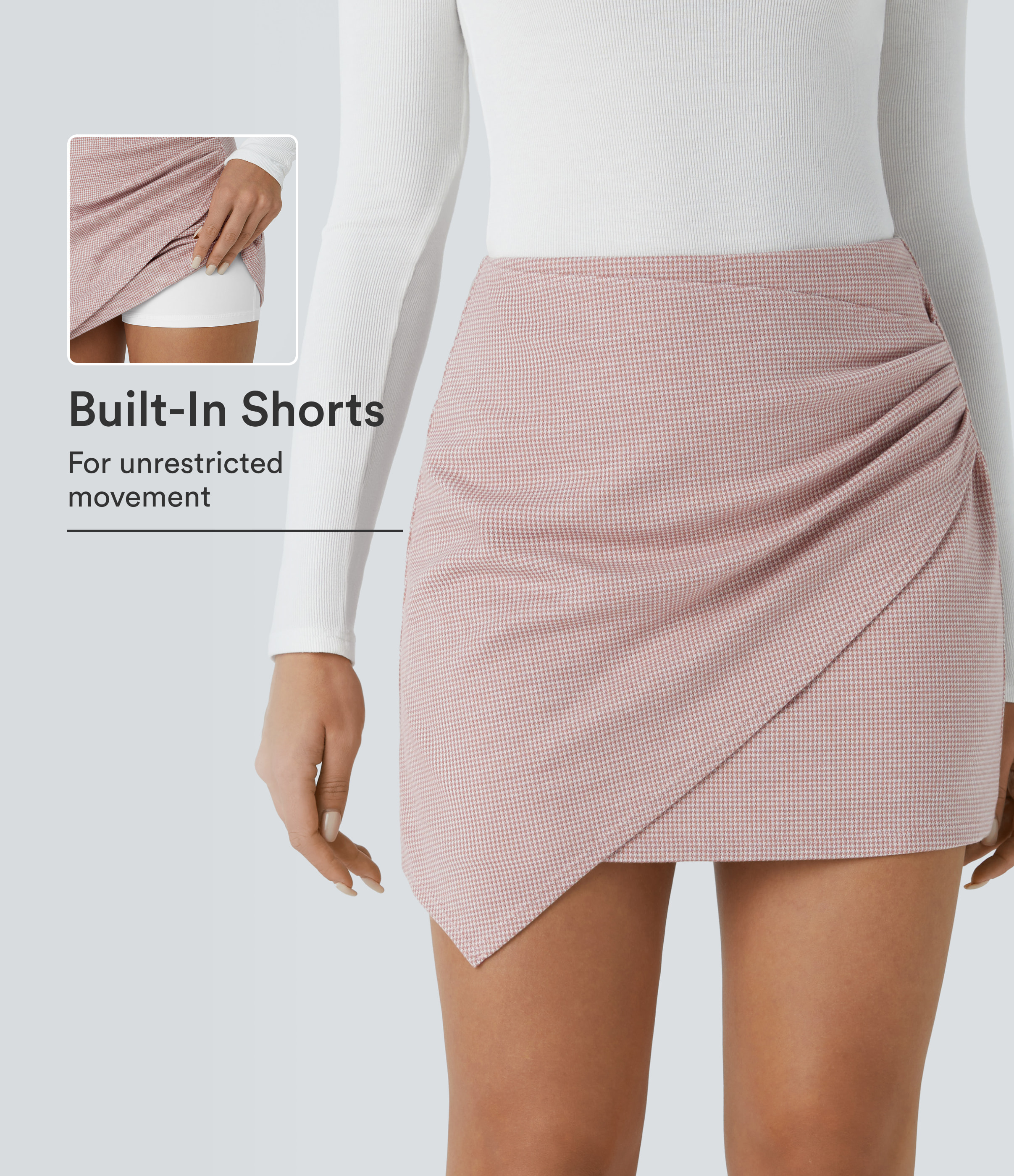 High Waisted Asymmetric Ruched 2-in-1 Houndstooth Mini Work Skirt