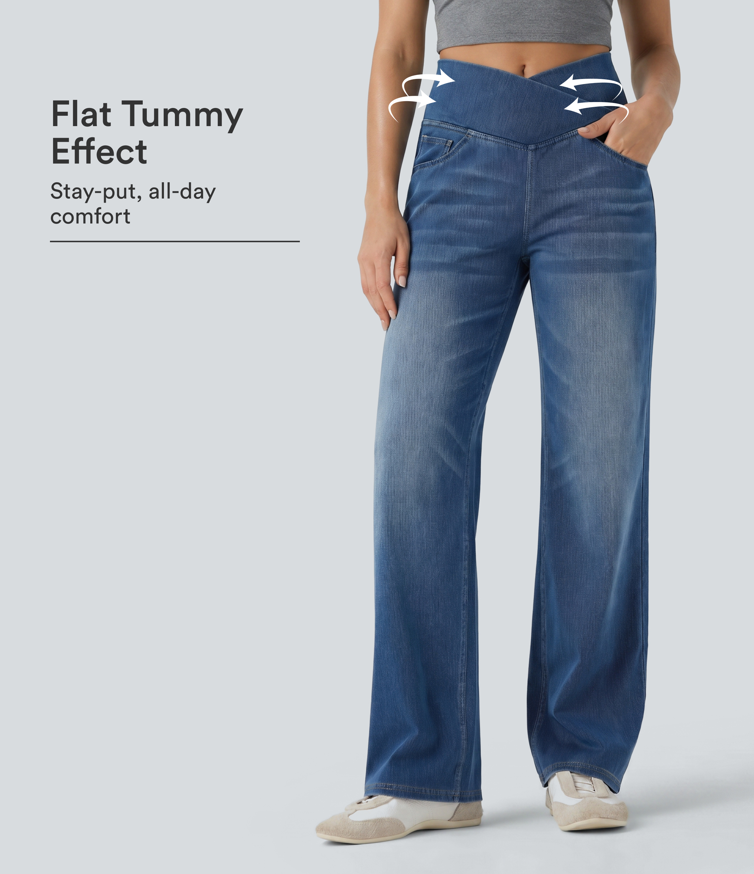 Halara Flex™ Crossover High Waisted Tummy Control Casual Straight Leg Jeans with Pockets