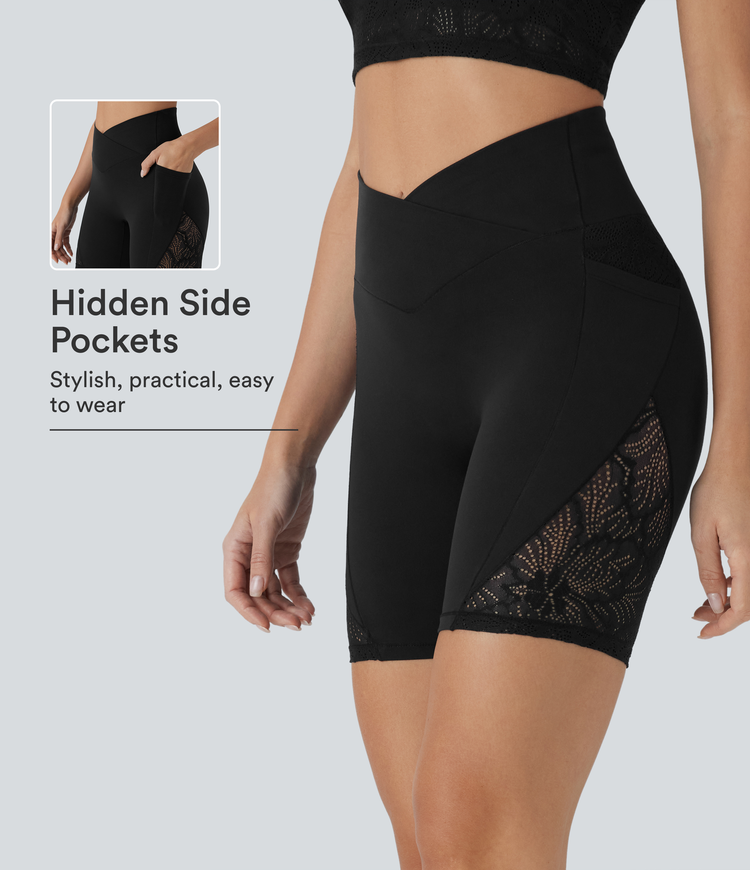 Black Softlyzero™ High Waisted Crossover Contrast Lace Yoga Biker Shorts 7'' with Pockets / 1