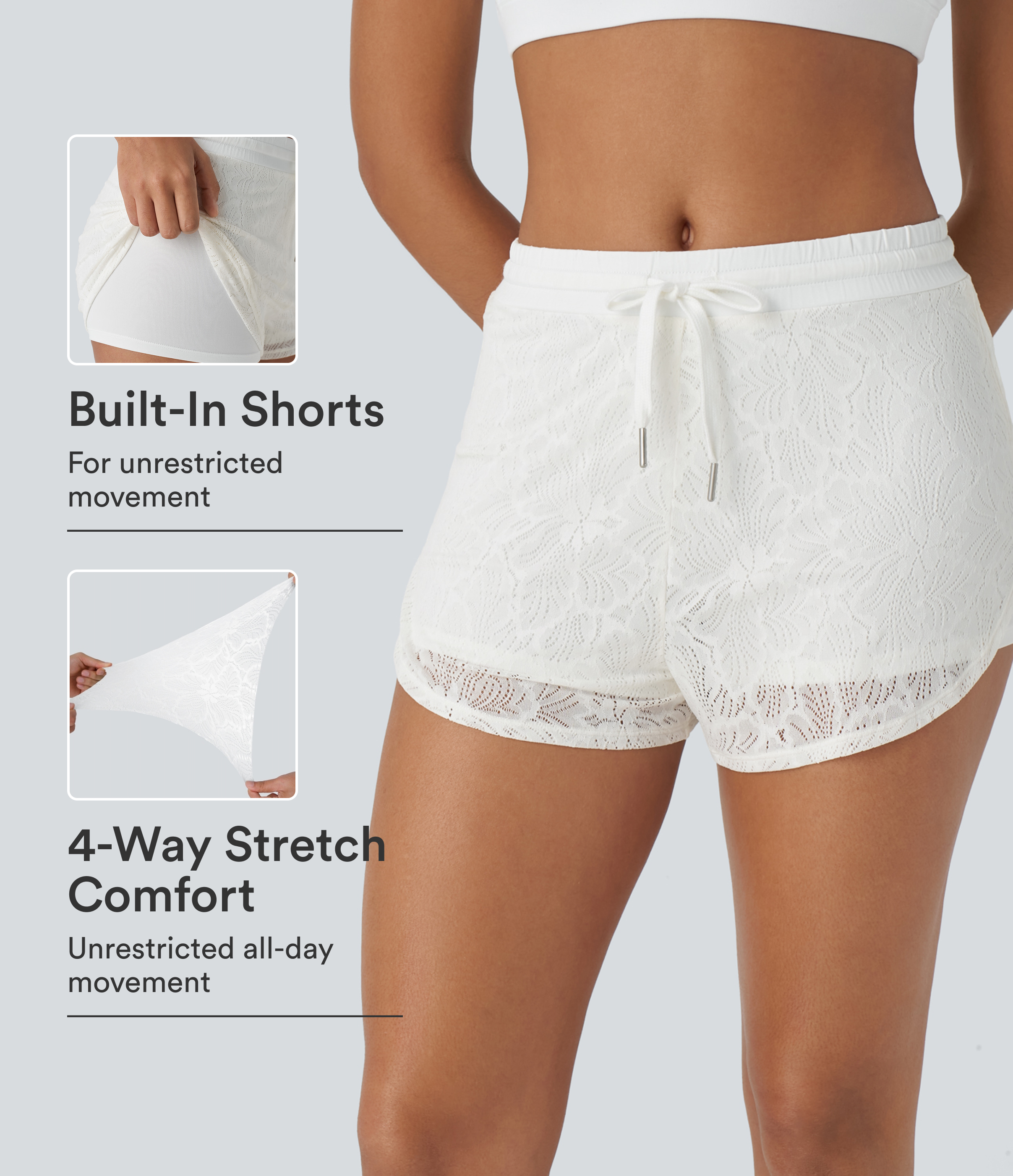 Weiß 2-in-1 Yoga-Shorts mit mittelhohem Bund, Kordelzug, abgerundetem Saum und Spitzendetail / 1
