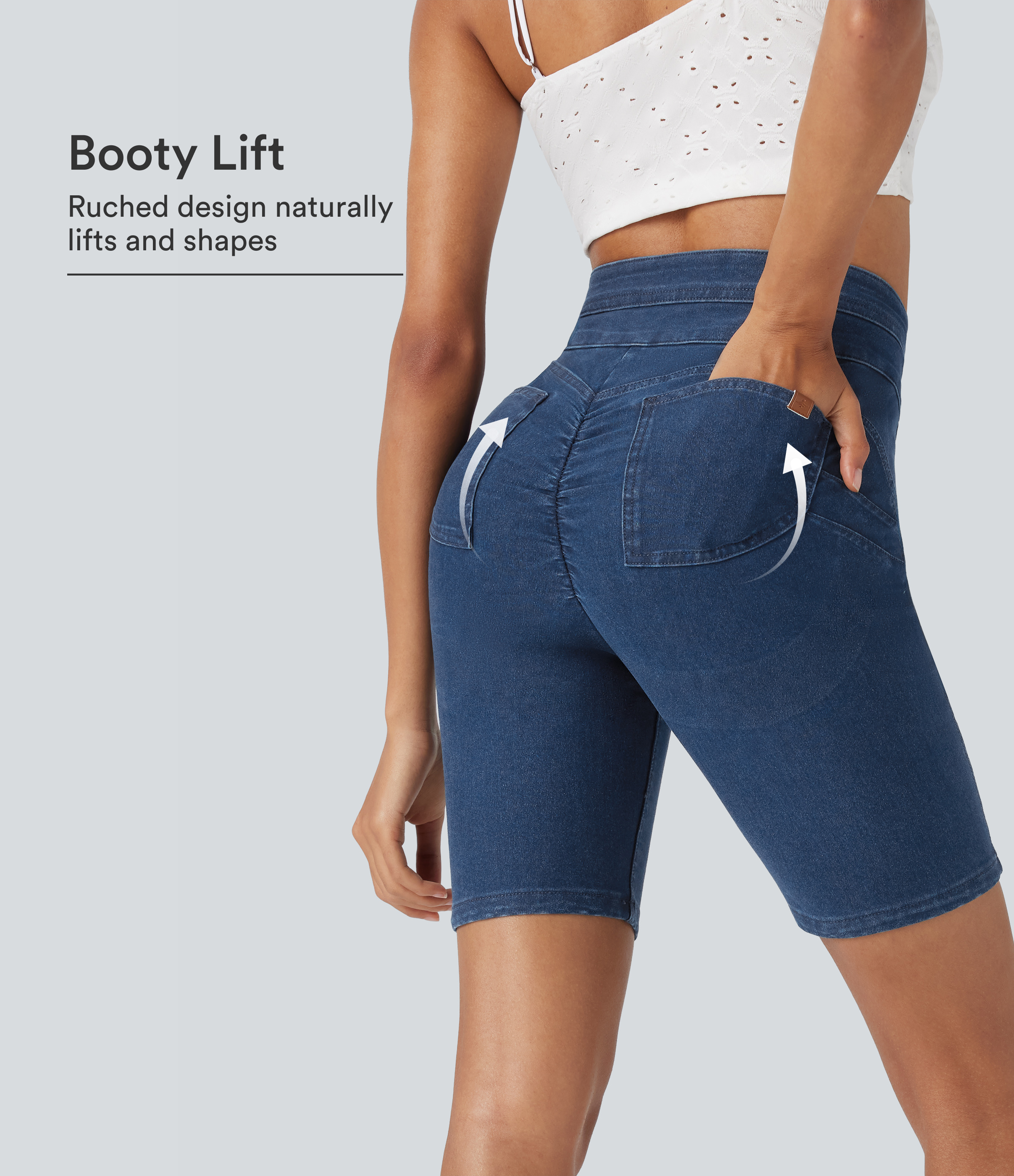 Halara Flex™ High Waisted Butt Lifting Stretchy Knit Denim Casual Biker Shorts with Pockets