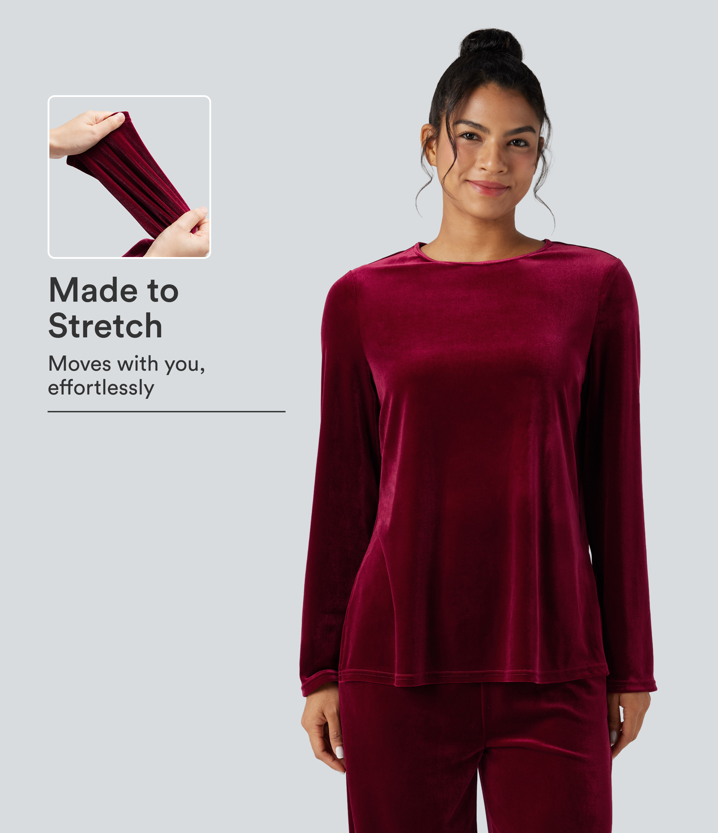 Round Neck Long Sleeve Split Hem Velvet Lounge Top