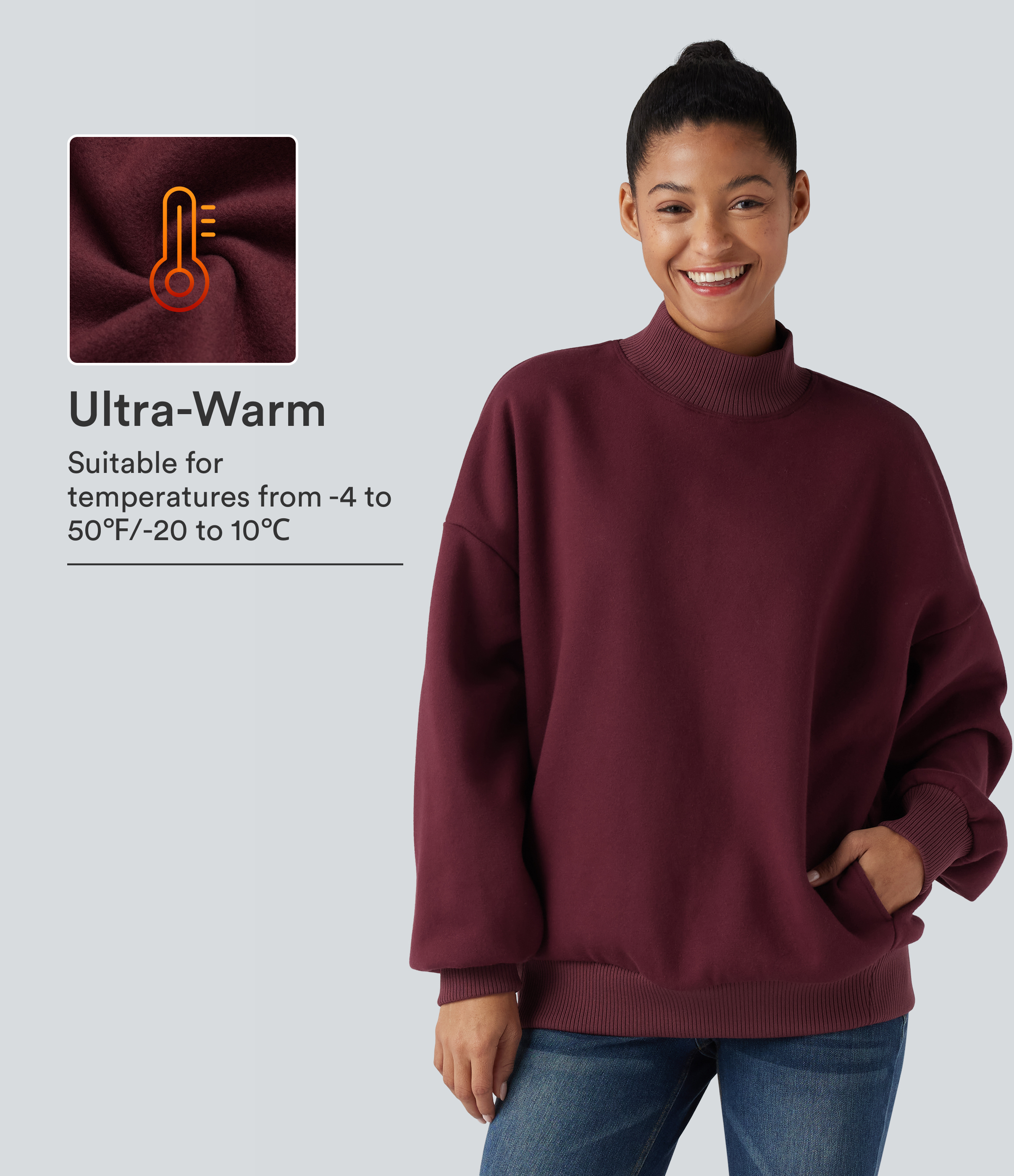 Mock-neck Fleece Relaxed Casual Cotton Sweatshirt with Pockets