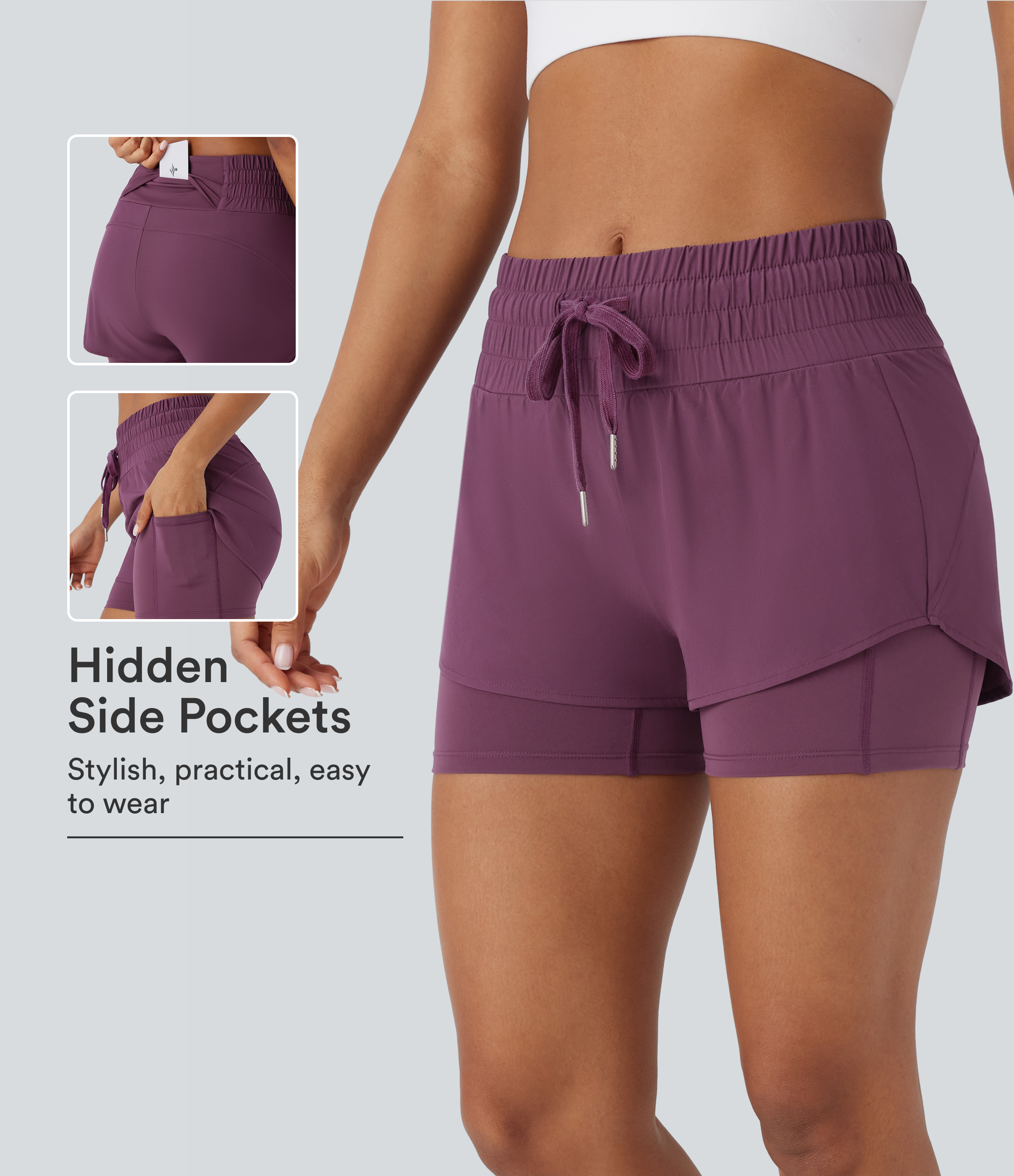 Breezeful™ Mid Rise Drawstring Pockets 2-in-1 Curved Hem Quick Dry Running Shorts