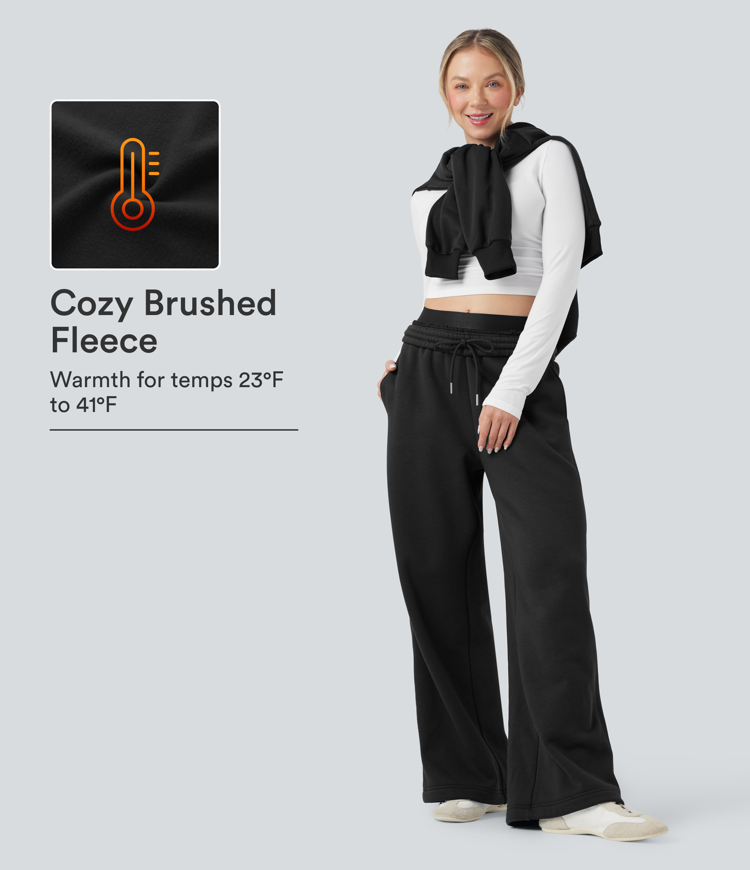 Hochgeschnittene Kordelzug-Loungehose mit weitem Bein aus Fleece und Baumwolle mit Taschen