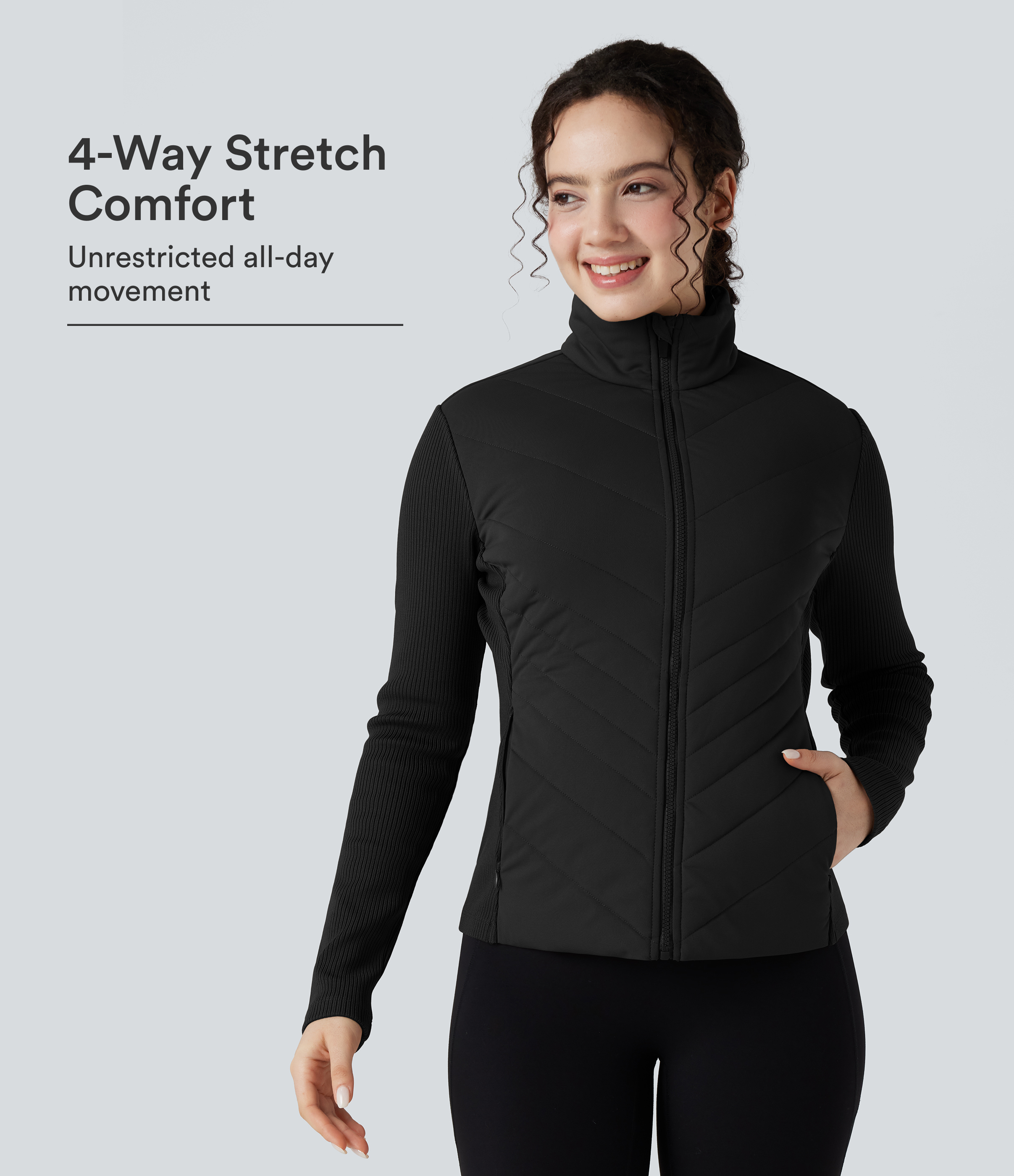 High-neck Contrast Ribbed Slim Casual Quilted Jacket with Pockets