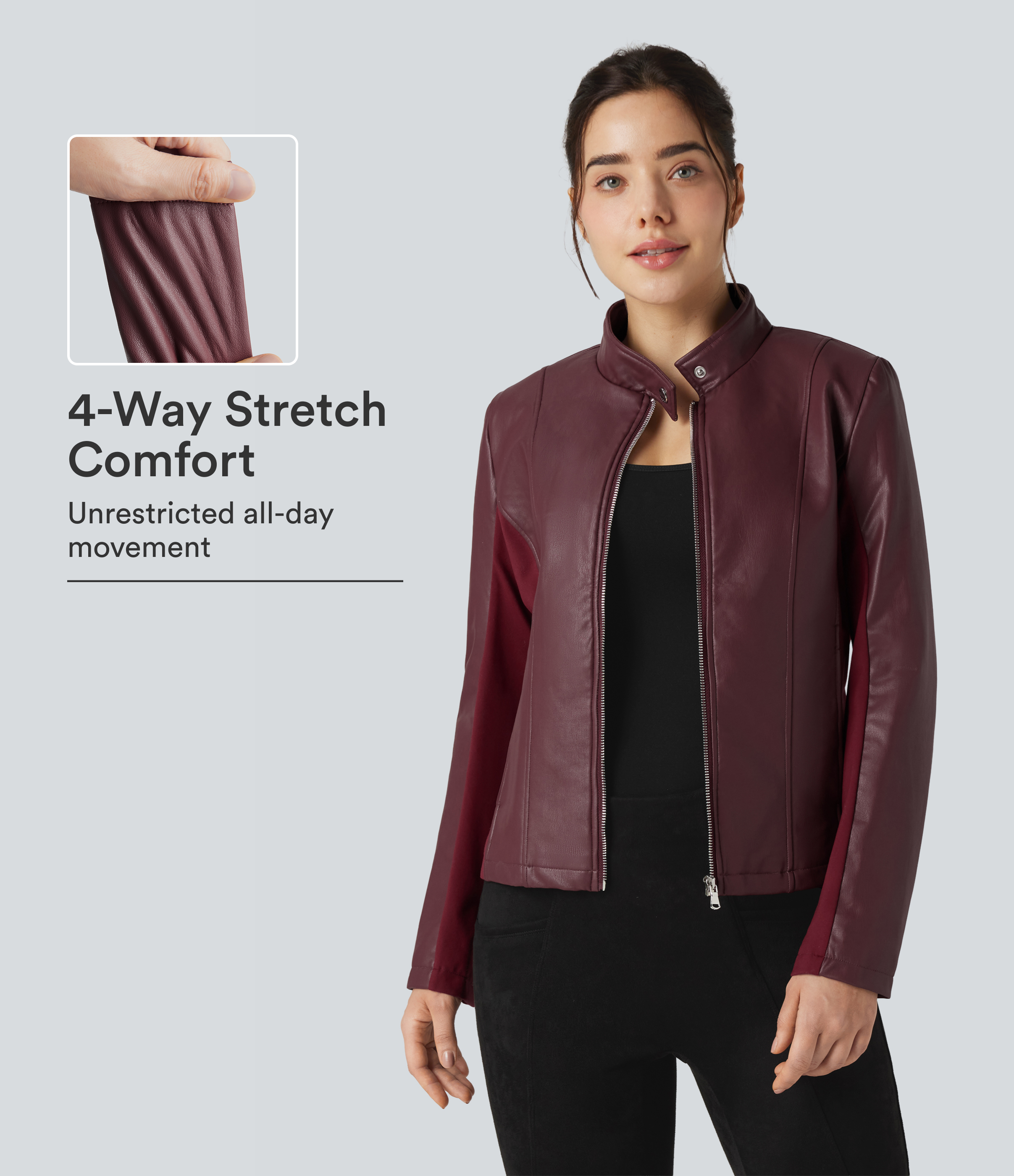 Stand Collar Zipper Long Sleeve Fleece Casual PU Faux Leather Jacket with Pockets
