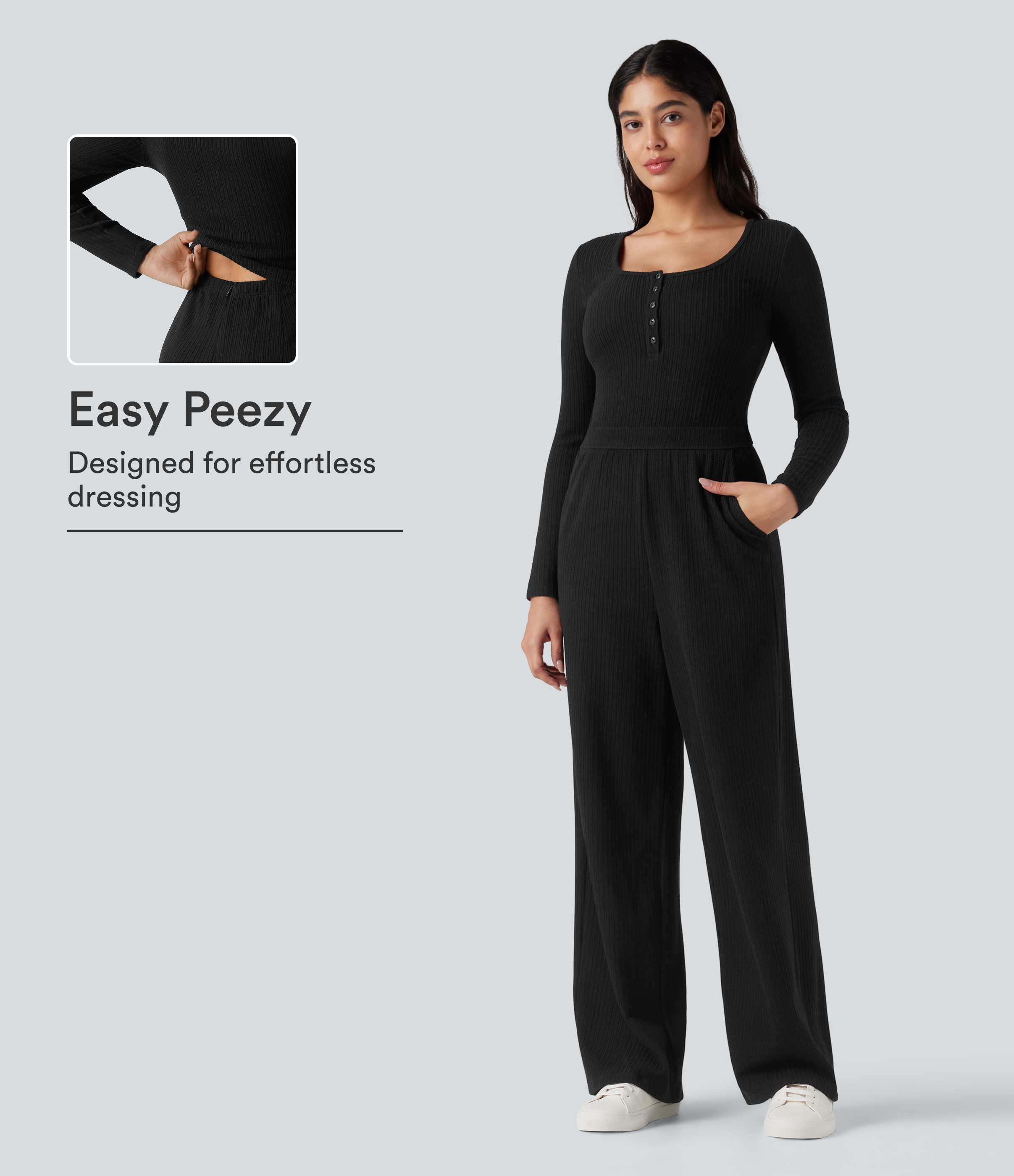 Ribbed Henley Long Sleeve Casual Jumpsuit with Pockets-Easy Peezy
