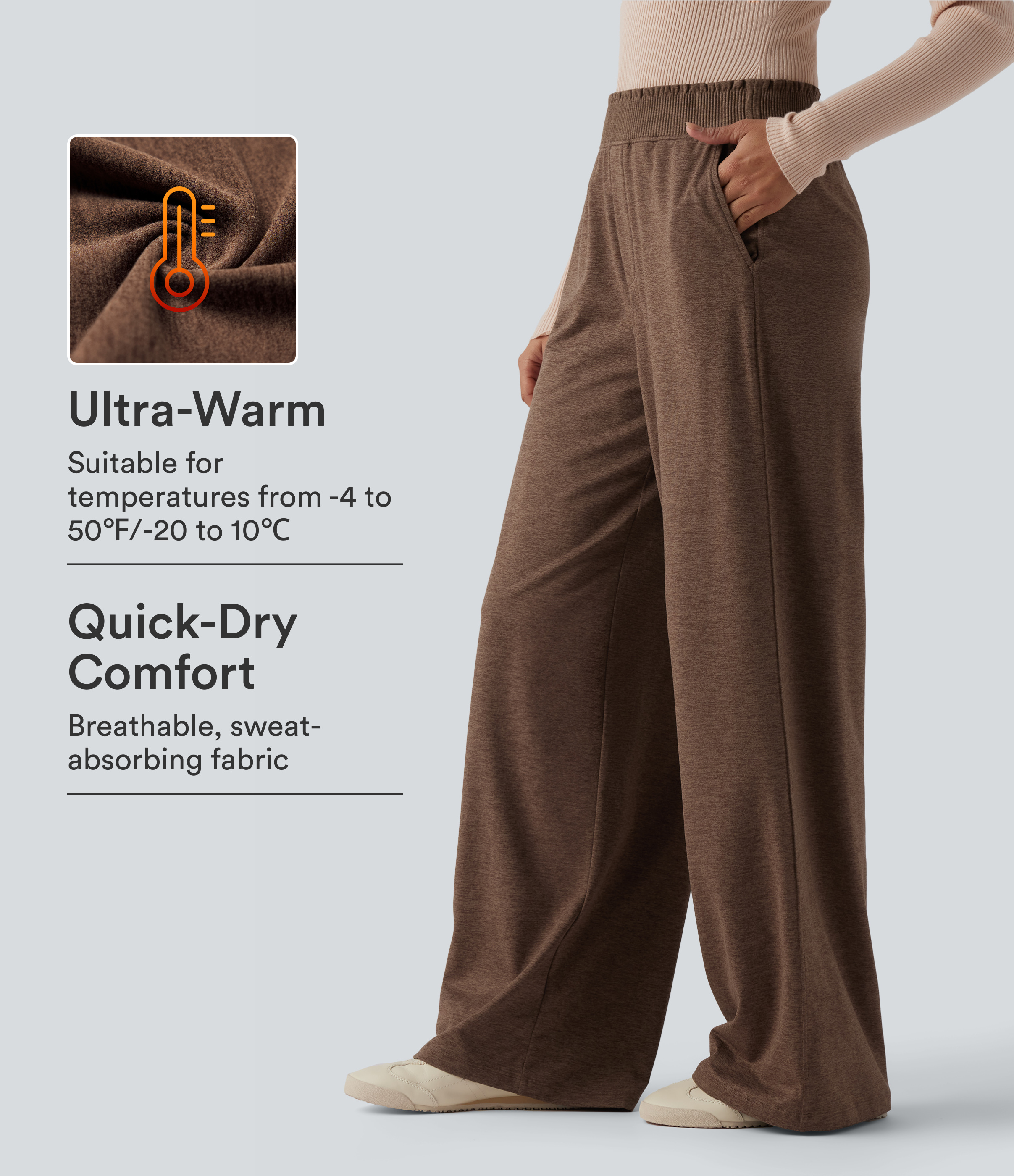 High Waisted Lettuce Trim Quick Dry Heathered Casual Wide Leg Sweatpants with Pockets-UPF40+