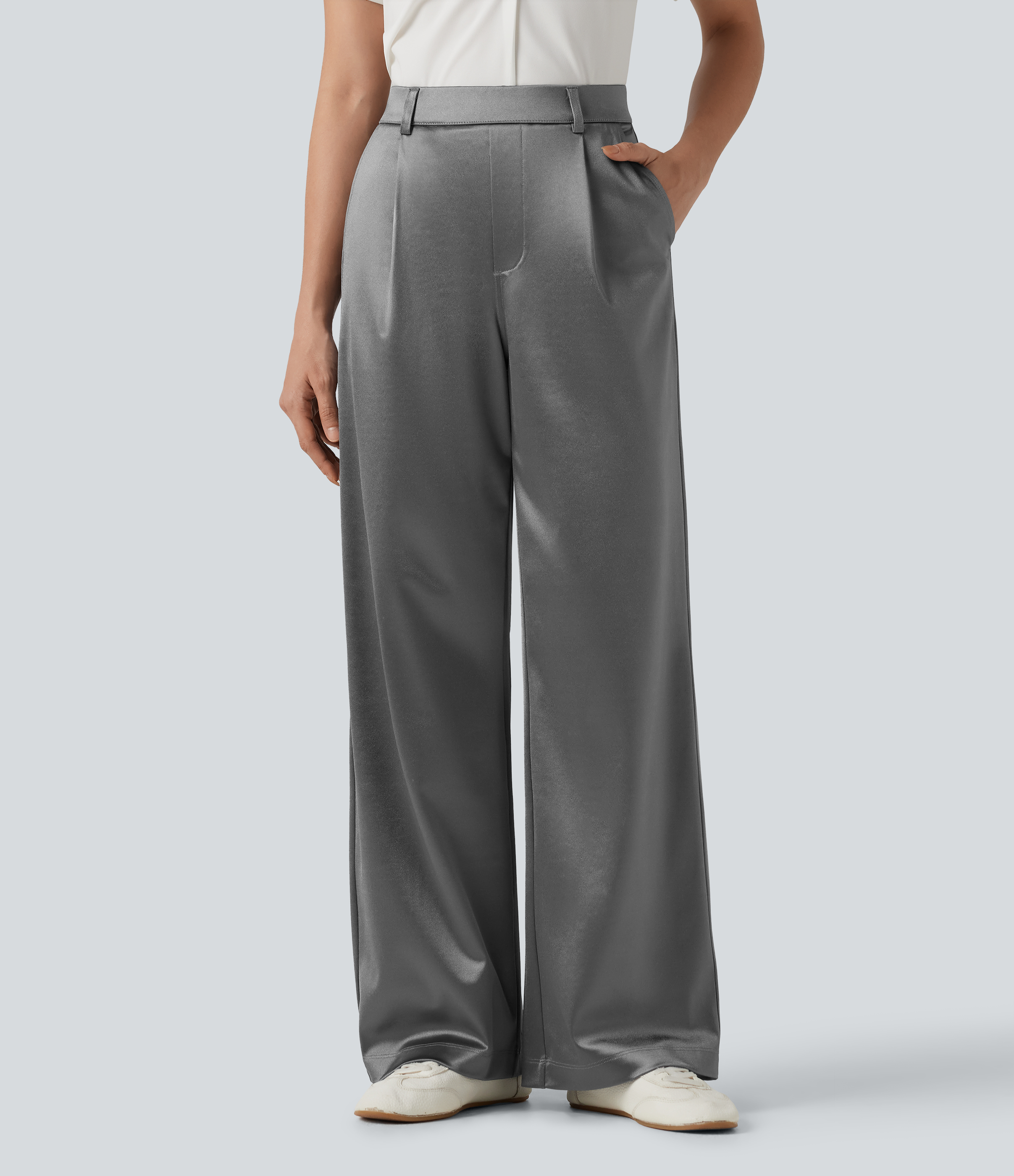 High Waisted Straight Leg Satin Work Pants with Pockets
