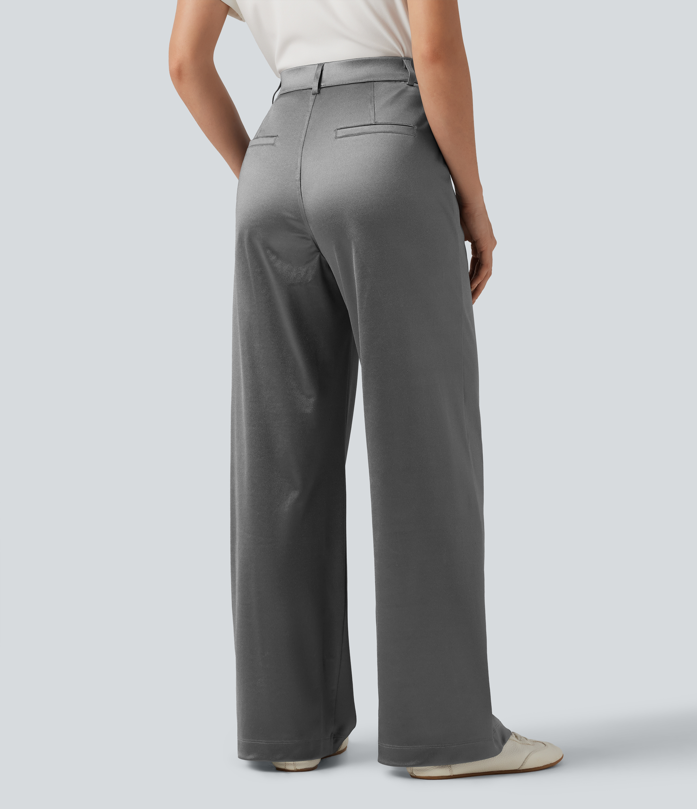 Steel Gray Pantalones de trabajo de satén de talle alto y pernera recta con bolsillos / 2