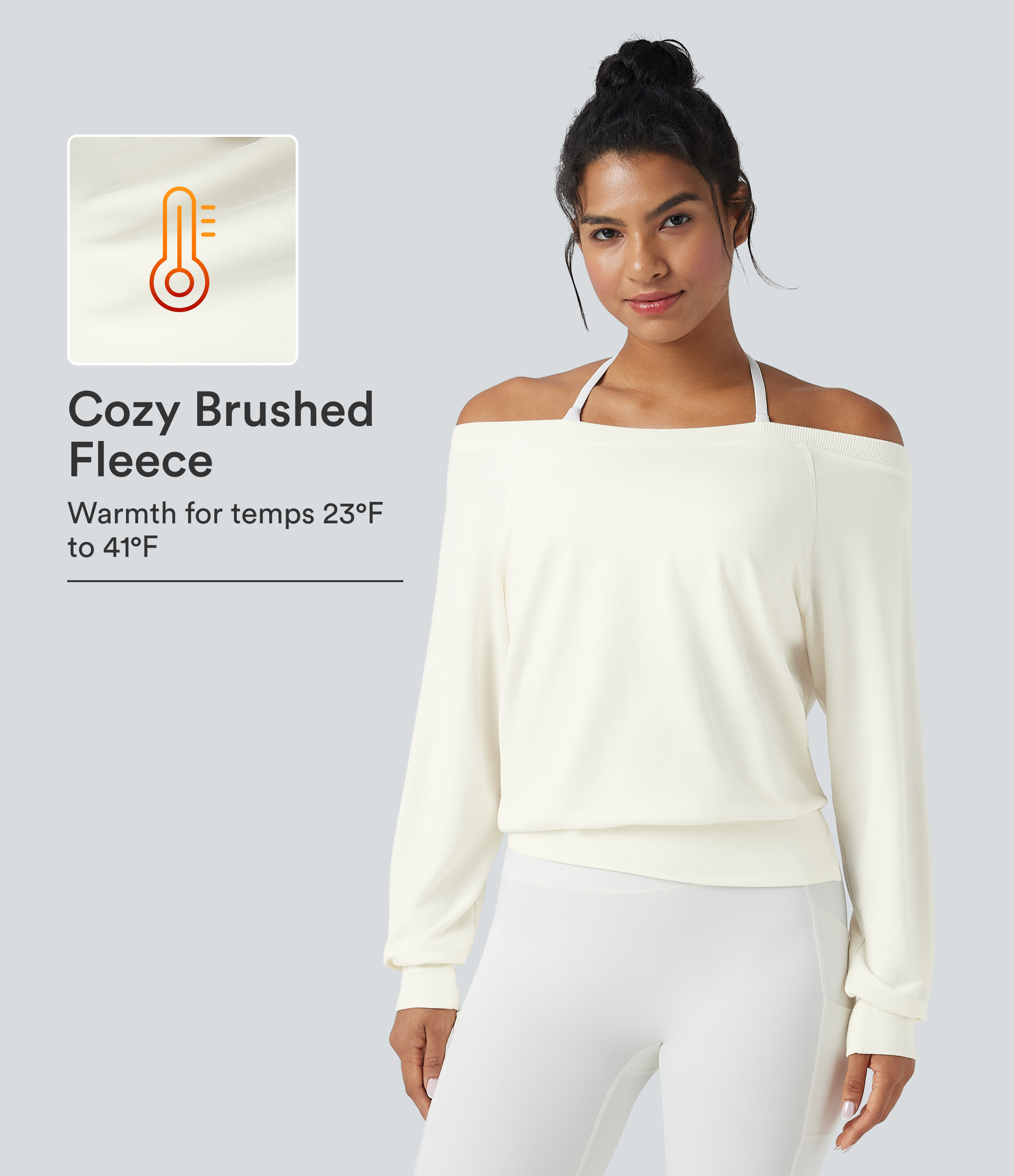 Star White Off-shoulder Long Sleeve Fleece Yoga Sports Top / 1
