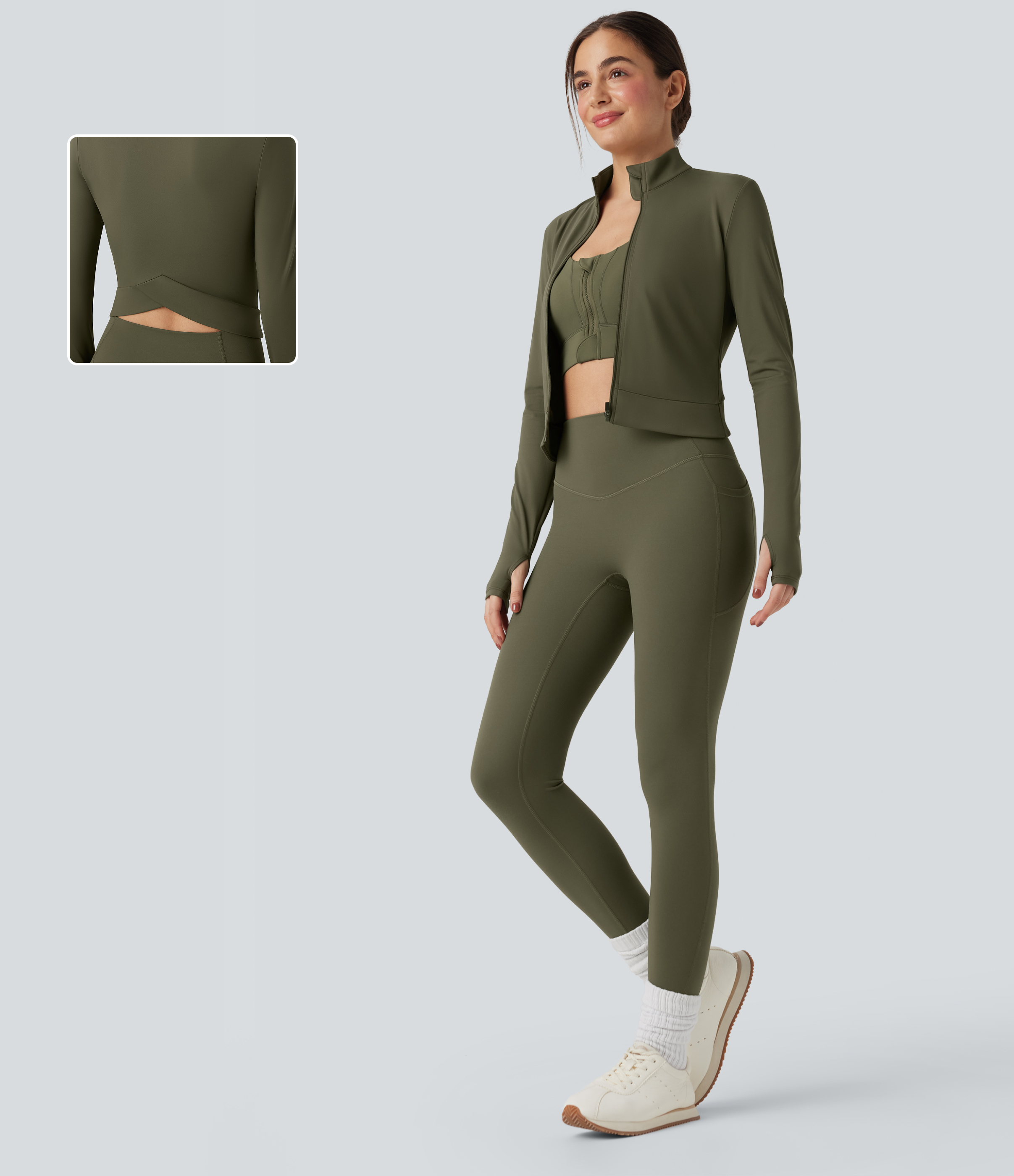 SoftlyZero™ Plush Stand Collar Long Sleeve Thumb Holes Crossover Back Yoga Jackets 