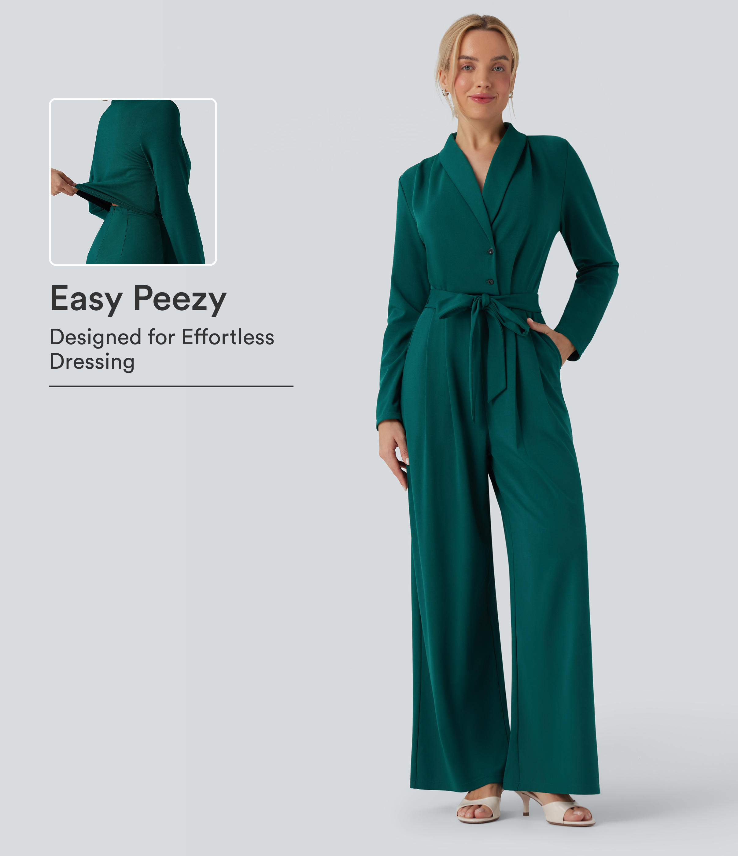 V-neck Long Sleeve Belted Jumpsuit with Pockets-Easy Peezy