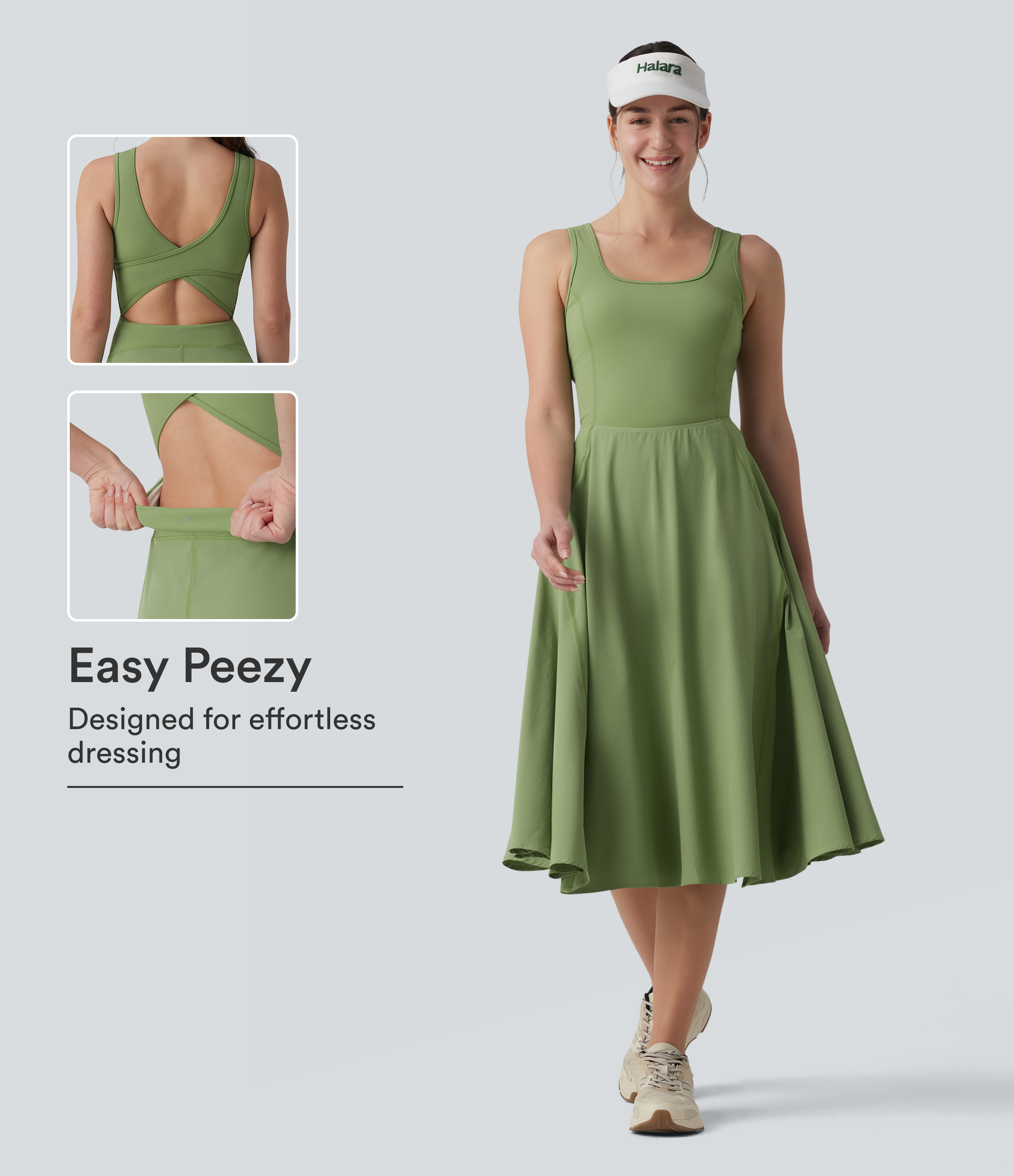 Breezeful™ Square Neck Crisscross Backless Built-in Bra 2-in-1 Midi Quick Dry Dance Active Dress with Pocket-Easy Peezy